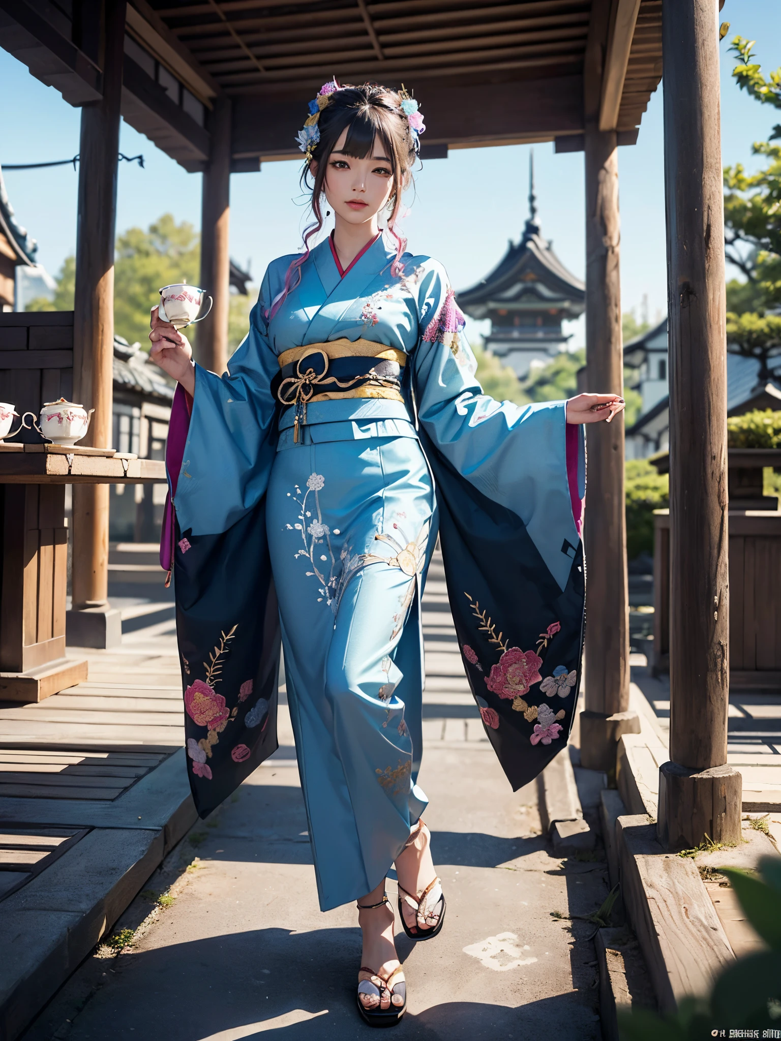 (masterpiece, top quality, best quality, official art, beautiful and aesthetic:1.2), (1girl),elaborate costume(Luxurious Japan kimono(Colorful kimono(detailed embroidery))), extreme detailed,(Fractal art),colorful,highest detailed,昼間のWestern castle in the background,having a tea party,