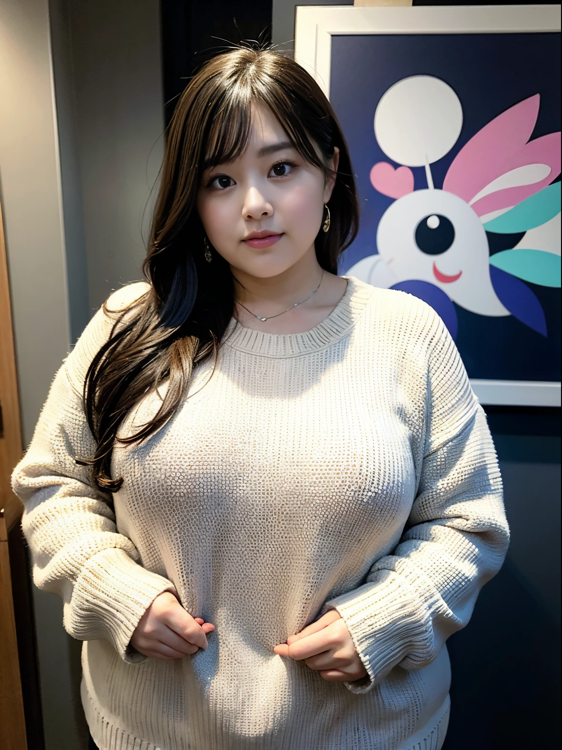 Chubby woman wearing a knit sweater、My face is a little plump、The chest is visible、A little fat、Breasts are big、Full-body image、Harsh flash photography、[photos realistic]!!,Candid flash photography、magnifica、Masa Nakayama、flash photo、Sui Ishida、Do not copy hands、adult lady、art photography、Beautiful fece、Shines、Bright photo