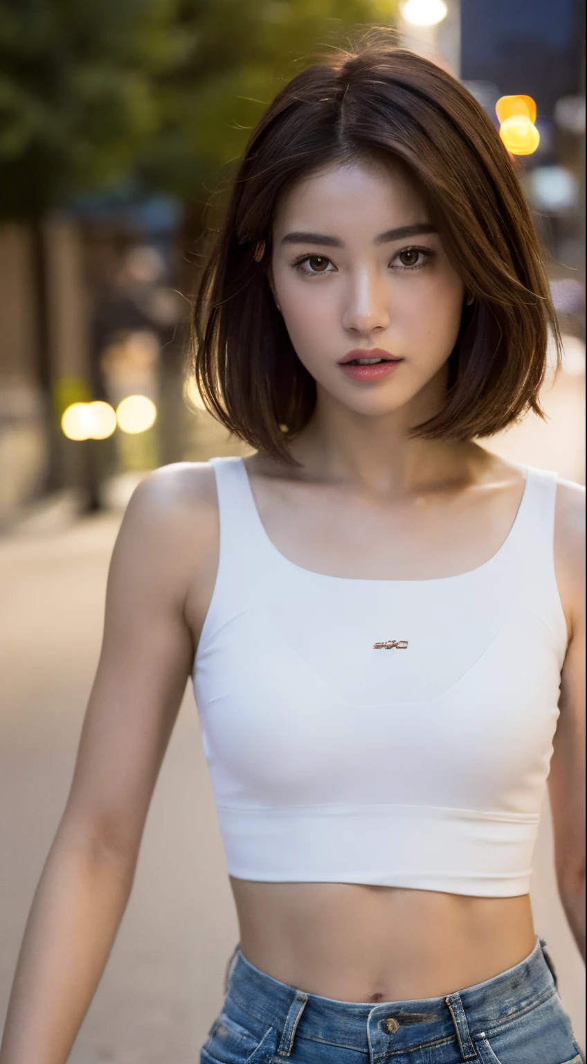 ((Realistic lighting, Best quality, 8K, Masterpiece: 1.3)), Clear focus: 1.2, 1girl, Perfect Figure: 1.4, Slim Abs: 1.1, ((Dark brown hair)), (White crop top: 1.4), (Outdoor, Night: 1.1), City streets, Super fine face, Fine eyes, Double eyelids,