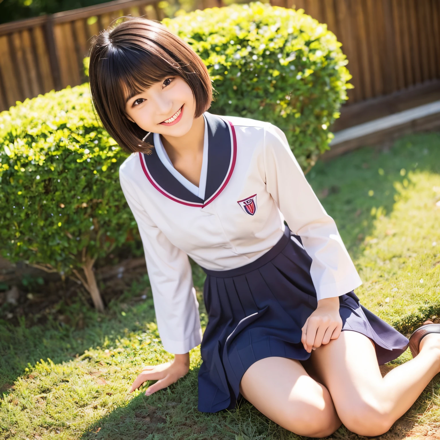 8K,masterpiece,Japanese,-yeld gifrom the front,smile,cute,Innocent face,Innocent,Kind eyes,Childish,Plain T-shirt,Short sleeve,Blue checked short skirt,semi-long,Hair blowing in the wind,Black Hair,Somewhat strong wind,noon,bright,Sitting、M-shaped feet, (Large Breasts:1.2),(Emphasize the chest:1.2)