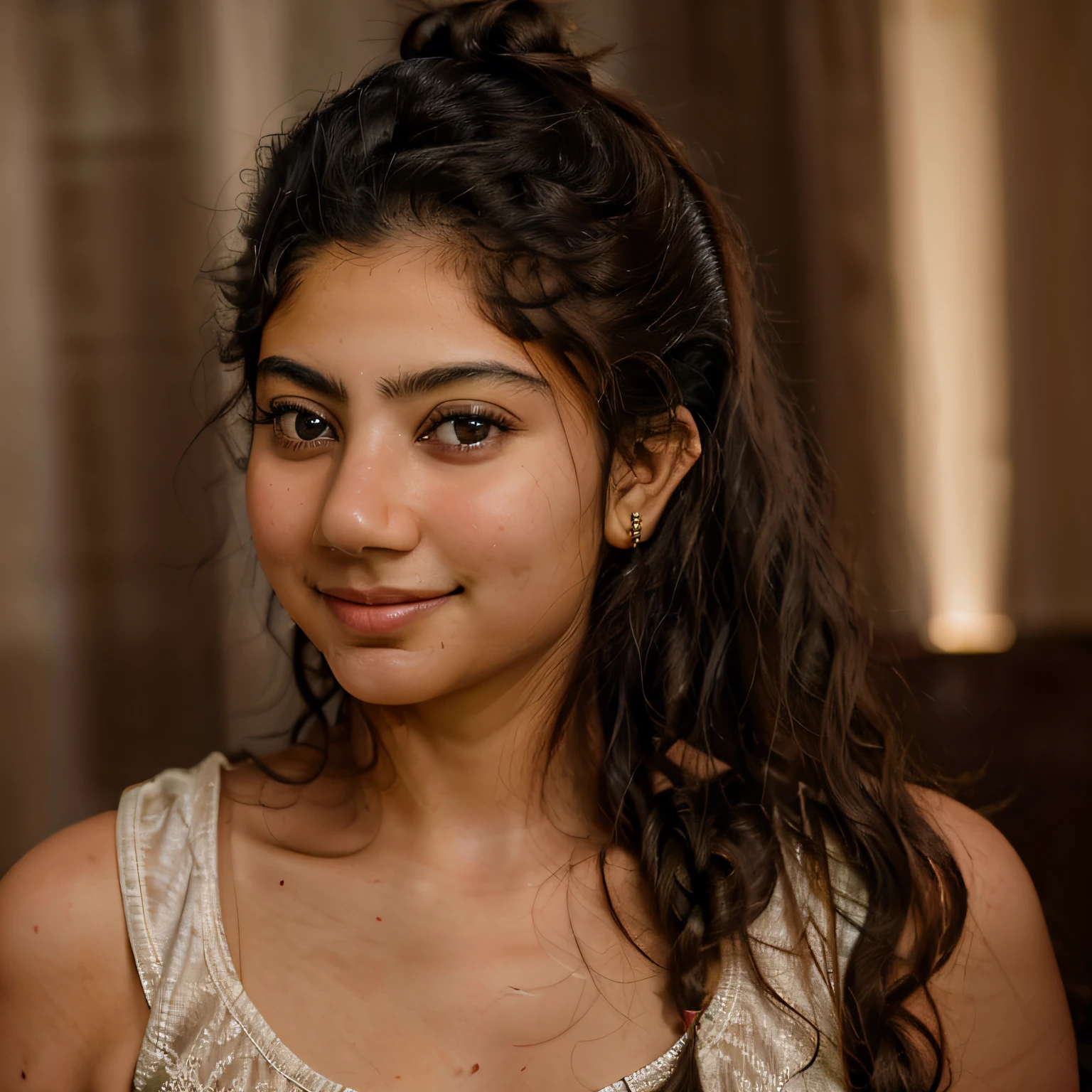 stunningly beautiful, 1girl, smirk, curly hair, ponytail hair, (chiaroscuro Lighting), looking straight, photography, no makeup