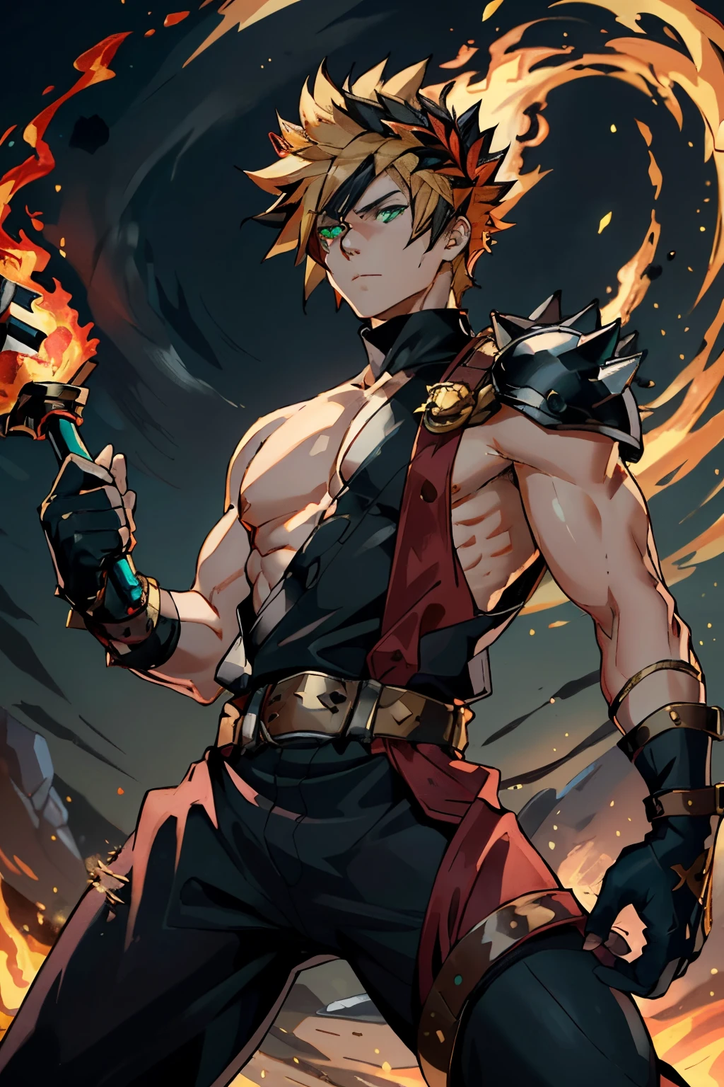 full-length shot of Zach, Zach has distant makou-green glowing eyes, set in a pale gray face surrounded by bright fiery spikes of black and blonde hair, He wears a burgandy chiton with a red and gold flame pattern, A single spiked pauldron asymmetrically guards his left shoulder, His stern expression is guaranteed by the red studded leather band across his forehead, Zach wields Blazing Edge - a massive broadsword glowing with red runes and wreathed in flames, The sword reflects in Zach's brooding emotionless green eyes, Zach's posture and build has muscular stature combined with aloof stance - arms hanging nonchalantly at his sides but fists clenched tight, He gives off an intimidating yet indifferent aura, streaked hair, wide shot, masterpiece, high details, cloud strife, shoulder armor, sleeveless turtleneck, suspenders, belt, baggy pants, gloves, bracer, boots, ZagreusHades, laurel crown, chiton