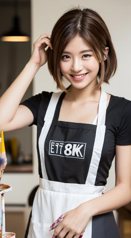 ((Realistic lighting, Best quality, 8K, Masterpiece: 1.3)), Clear focus: 1.2, 1girl, Perfect Figure: 1.4, Slim Abs: 1.1, ((Dark brown hair)), (apron, paint brush: 1.4), (afternoon: 1.1), cafe, Super fine face, Fine eyes, Double eyelids, smiling, shy