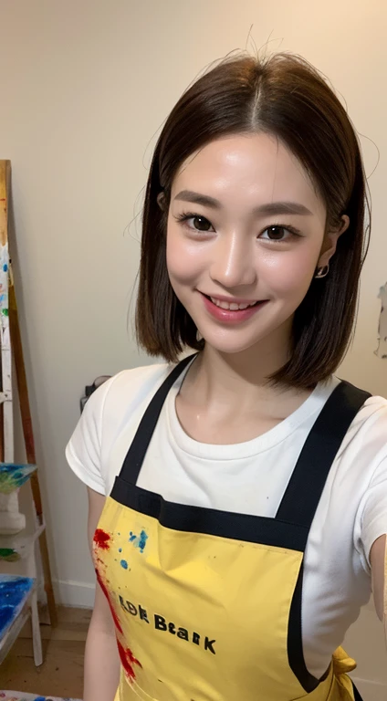 ((Realistic lighting, Best quality, 8K, Masterpiece: 1.3)), Clear focus: 1.2, 1girl, Perfect Figure: 1.4, Slim Abs: 1.1, ((Dark brown hair)), (apron, paint brush: 1.4), (afternoon: 1.1), cafe, Super fine face, Fine eyes, Double eyelids, smiling, shy