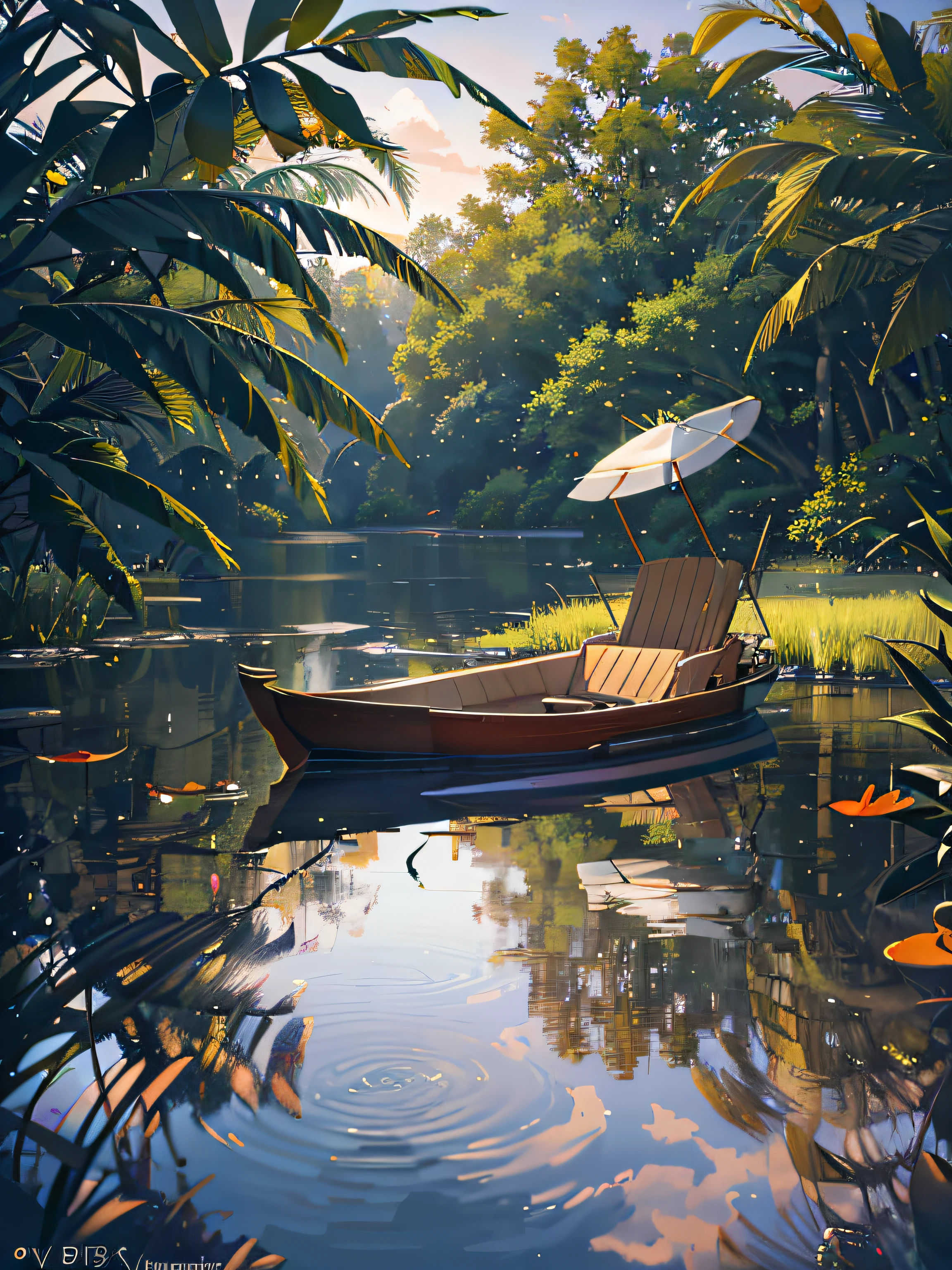 Wallpaper, summer pond, pond, boat, afternoon sun, reeds, pond background, depth of field, hot weather, HD detail, wet watermark, hyperdetail, realistic photo, 16k, surrealism, soft light, deep field focus bokeh, ray tracing, diffuse (ultra-fine glass reflection) and surrealism. --v6