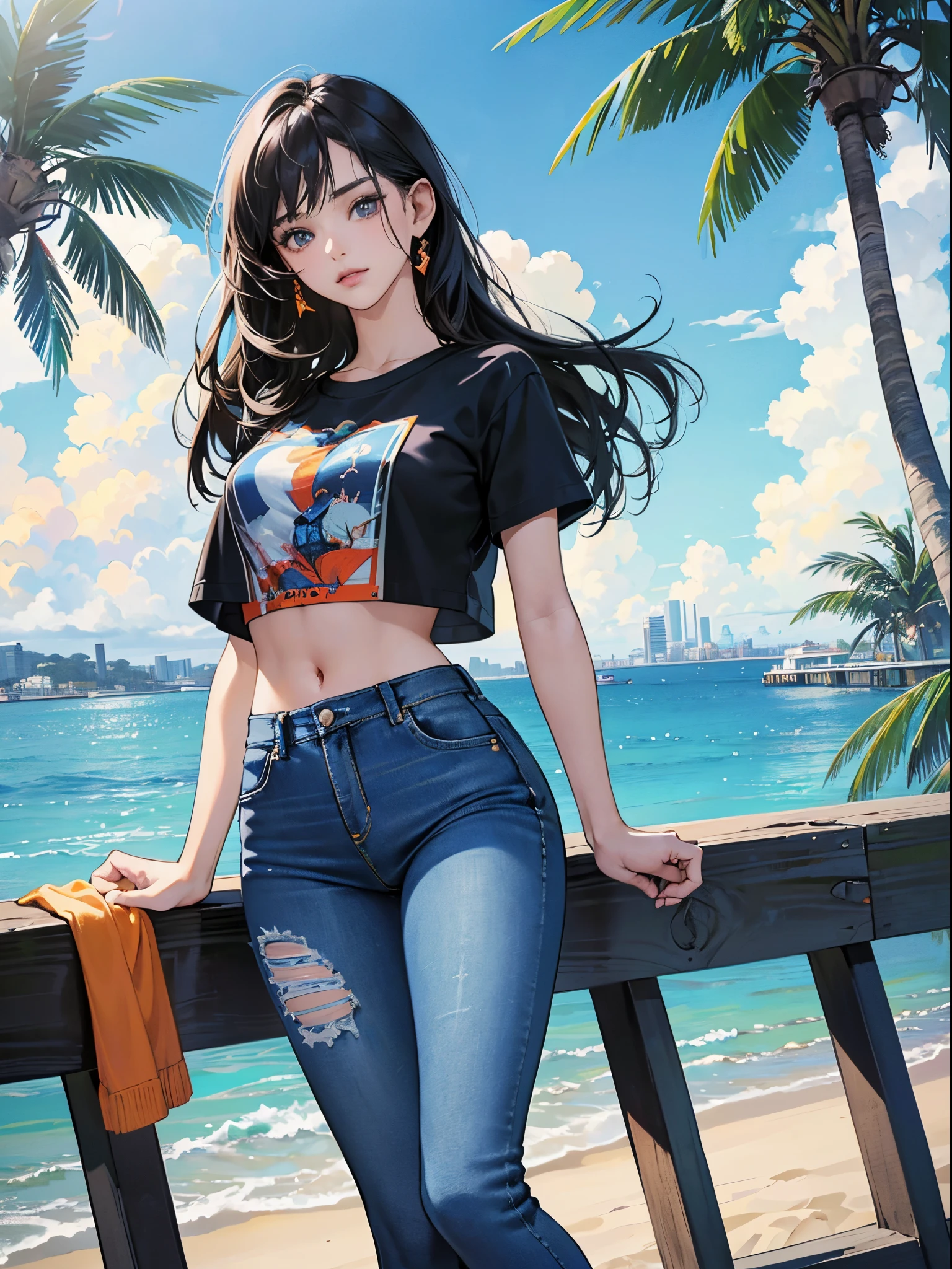 orange and royal blue tones、Vibrant colors、((​masterpiece)))、(((top-quality)))、((ultra-detailliert))、(A hyper-realistic)、(highly detailed CGillustration）、Official art、CD cover、urbane、City Pop、Palm trees、seaside、Long Black Hair、It will be、Cool feeling、Mid summer、Stylish、glorious 1980s、Cool Beauty、Coquettish、a gorgeous、matchless beauty、jaket、Stylish T-shirt、Tight jeans、Female Solo、Perfect Angle、perfect-composition