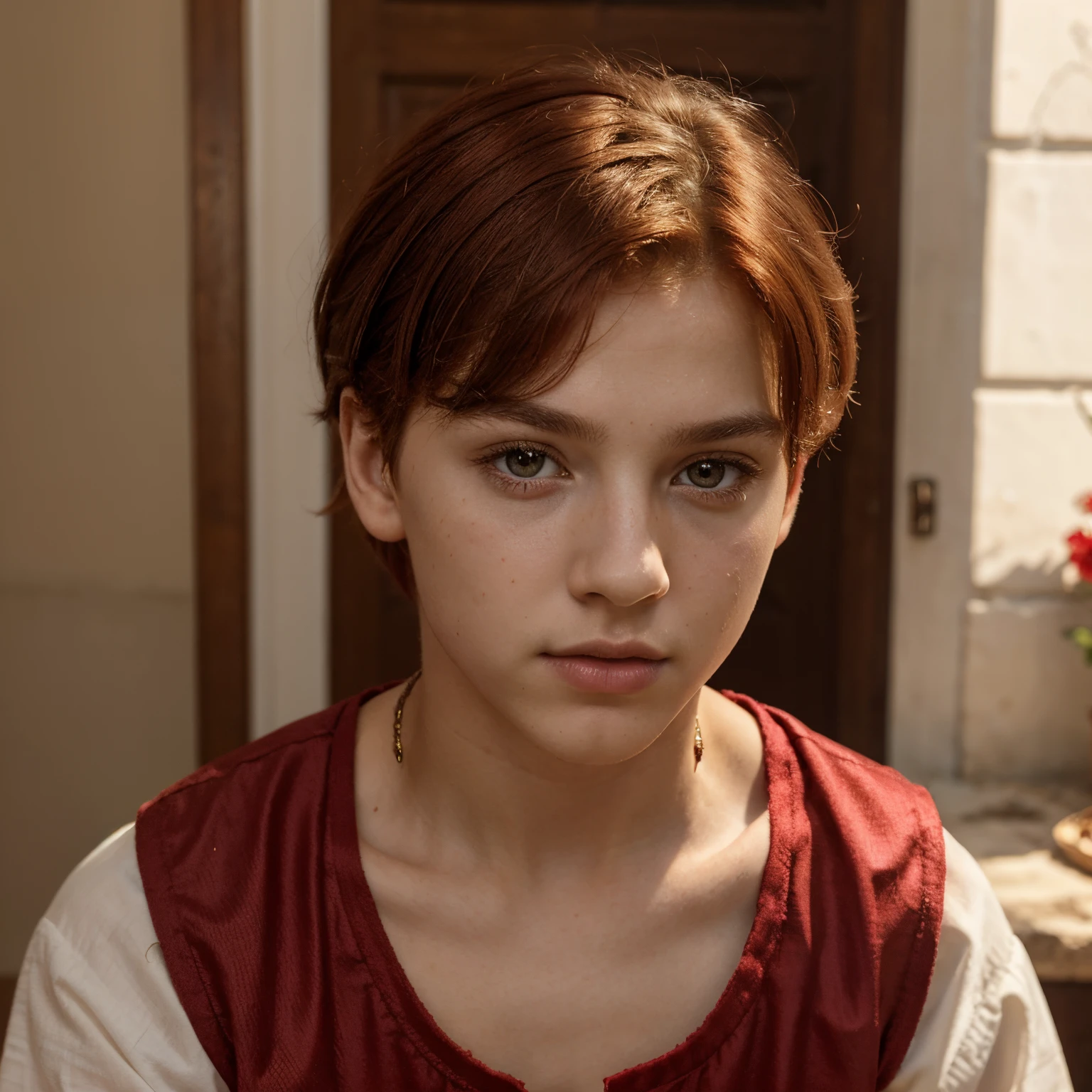 young boy, old greek clothes, red colored pupils, greece, old greek clothing, young boy, male, male, young feminine boy, young boy, red hair, young boy, femnine face, femnine face features, young boy, pretty boy, looking at camera, pure red hair, red pupils, femnine face, pretty face, femboy, eboy, face looks very femnine, gorgeous, gorgeous, buetifull, smooth skin, smooth skin, wearing makeup, wearing makeup, full body view,