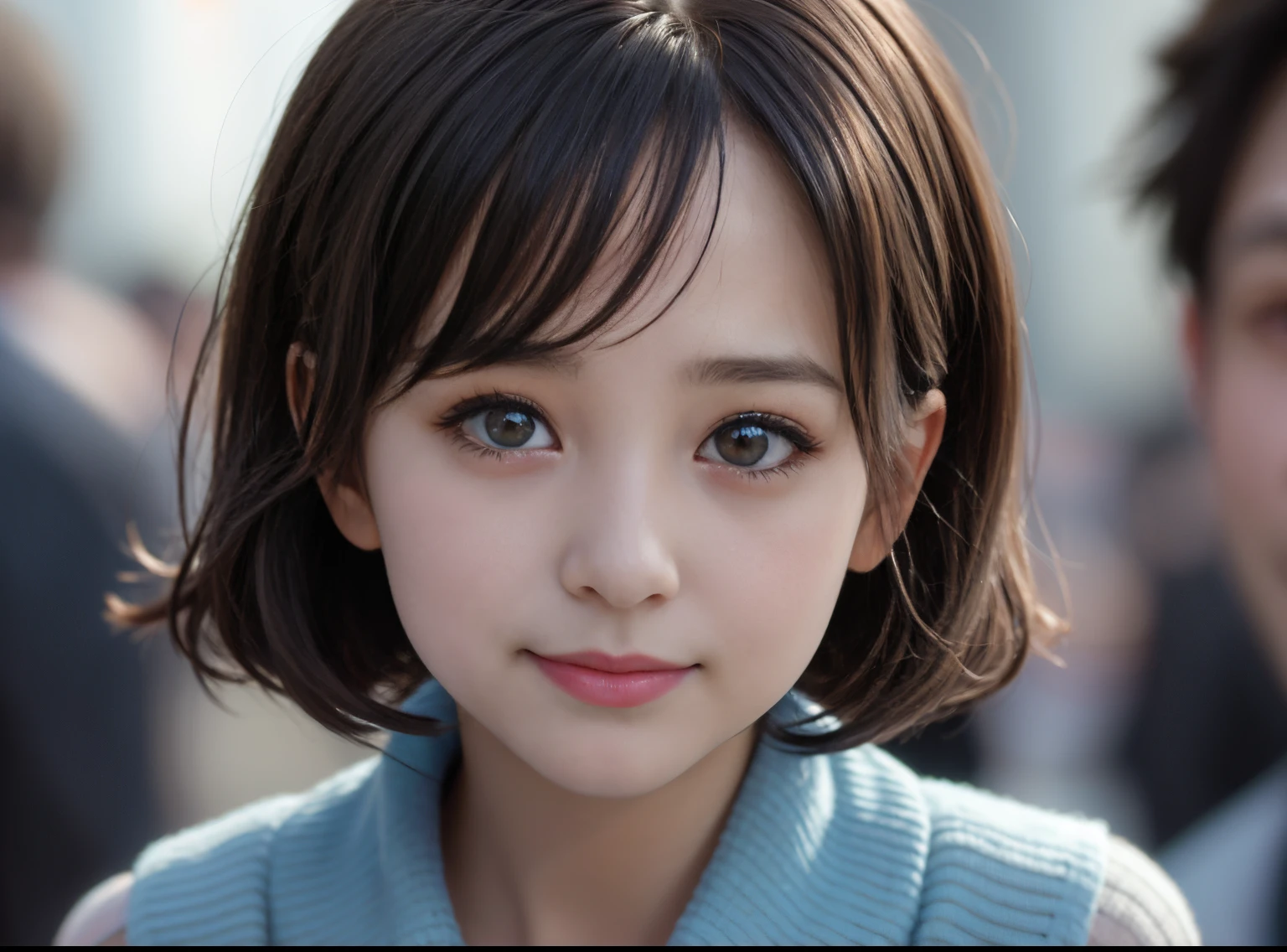 (high quality photograph), (Realism:1.2), (Create a portrait from chest to head:1.5), Shortcut Hair, glossy dark hair, Brown eyes, Cute little girl s, Lori, blue high neck sweater, Bust Sharp Hocus, Staring at this, smil,