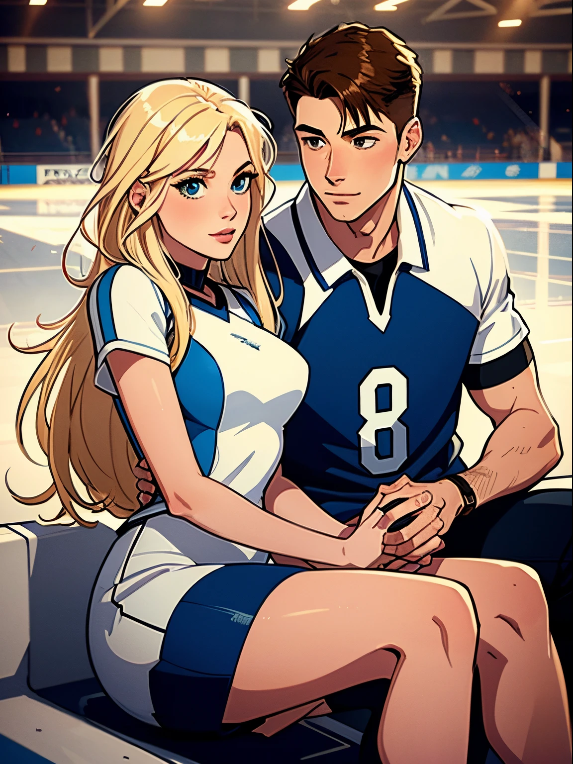 couple inside of ice skating rink, blonde girl, upclose, brunette guy, both boy and girl in picture, happy couple, romantic vibes, human like drawing, good high quality, amazing quality, great quality, guy in hockey uniform, guy in jersey, guy in football jersey, guy in uniform, better quality, distinguishable line art, not blurry, no bangs, cool tones, hockey