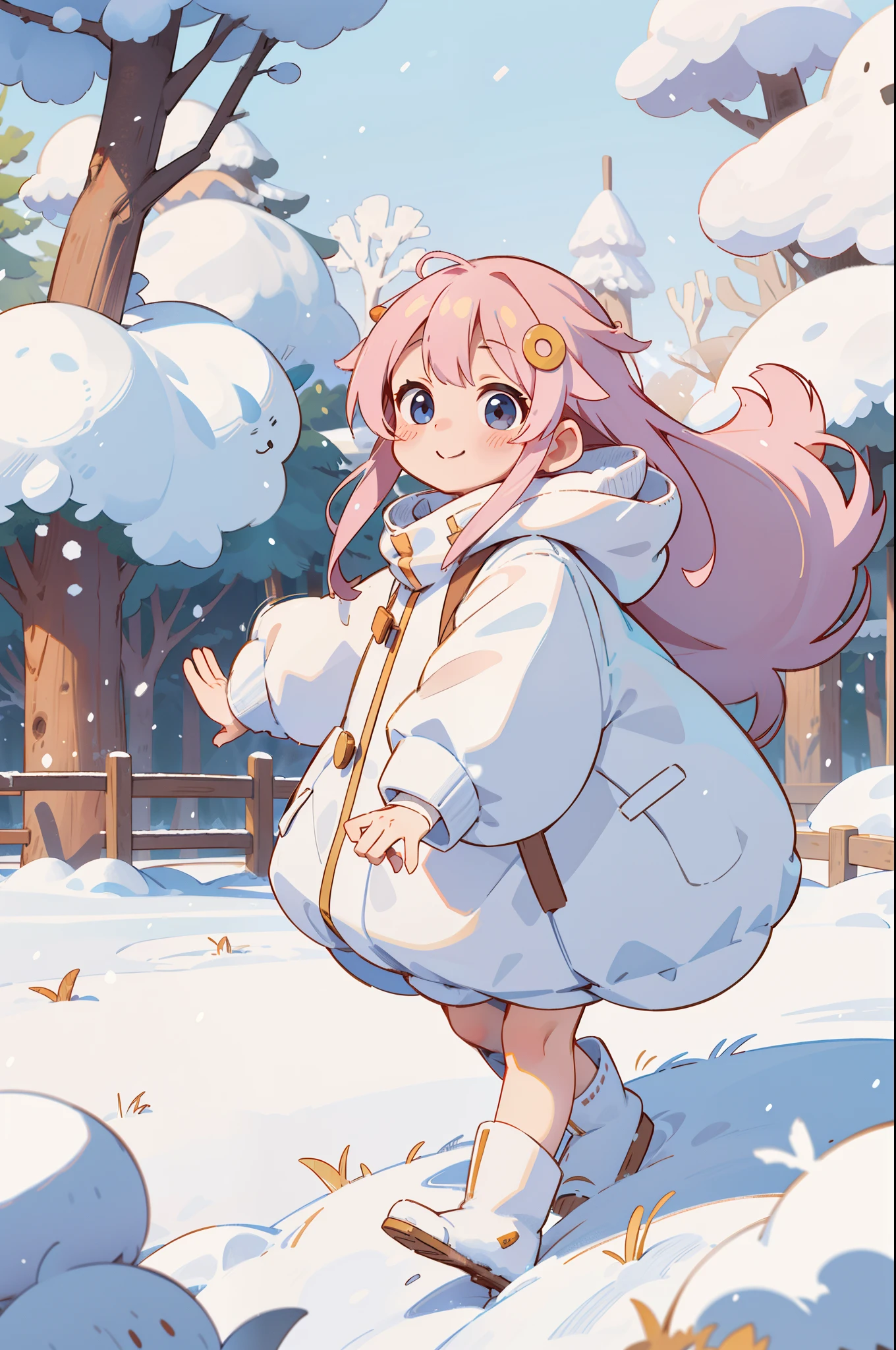 girl, long whitr hair, with a round face, largeeyes, down jacket, ssmile, 围巾, Winters, parks, yukito, White snow, The tree, snow cover, in a panoramic view, frontage