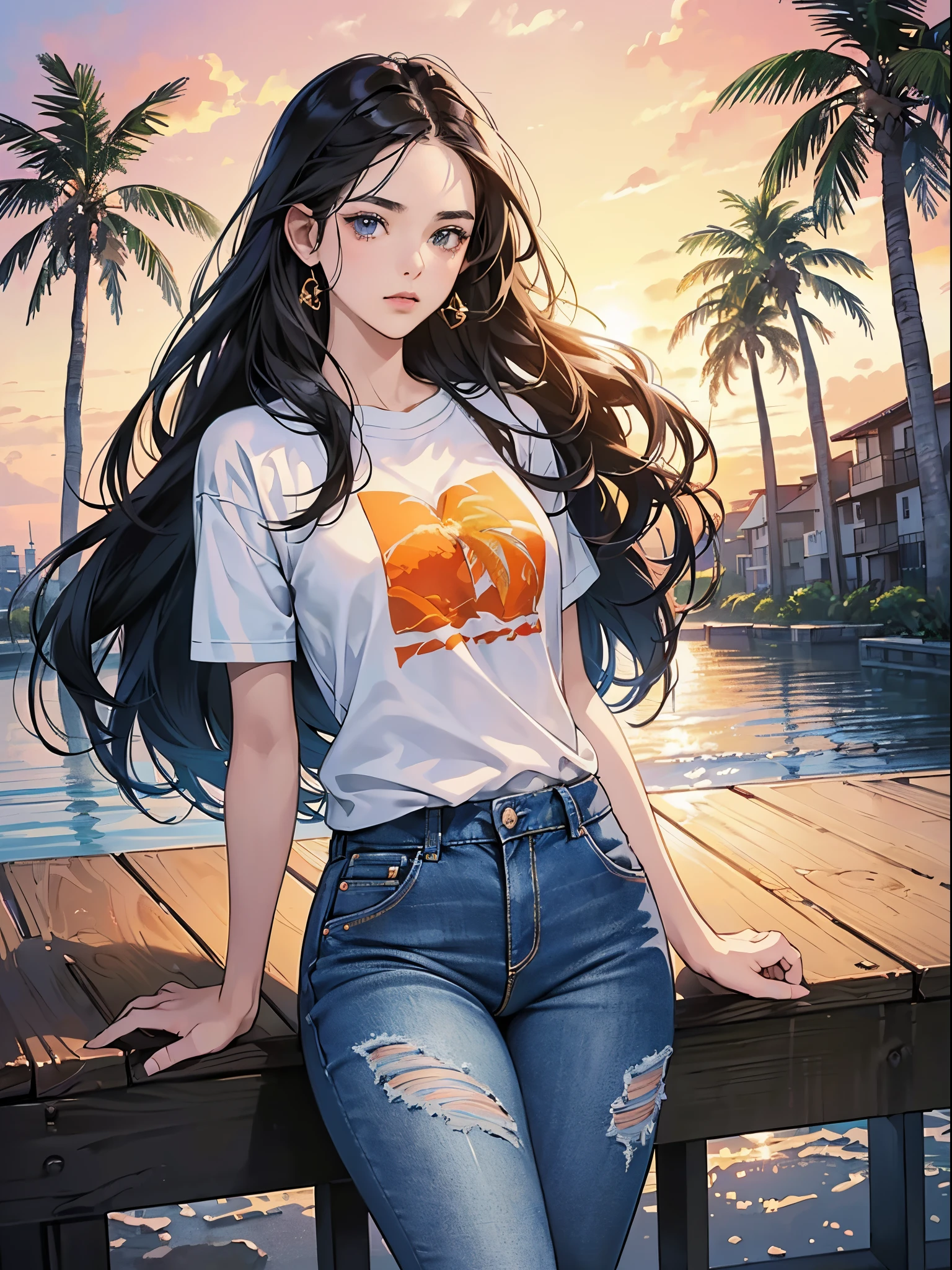 orange and royal blue tones、Vibrant colors、((masterpiece)))、(((top-quality)))、((ultra-detailliert))、(A hyper-realistic)、(highly detailed CGillustration)、Official art、CD cover、urbane、City Pop、Palm trees、Sunset beach、Long Black Hair、It will be、Cool feeling、Mid summer、Stylish、glorious 1980s、Cool Beauty、Coquettish、a gorgeous、matchless beauty、jaket、Stylish T-shirt、Tight jeans、Female Solo、Perfect Angle、perfect-composition