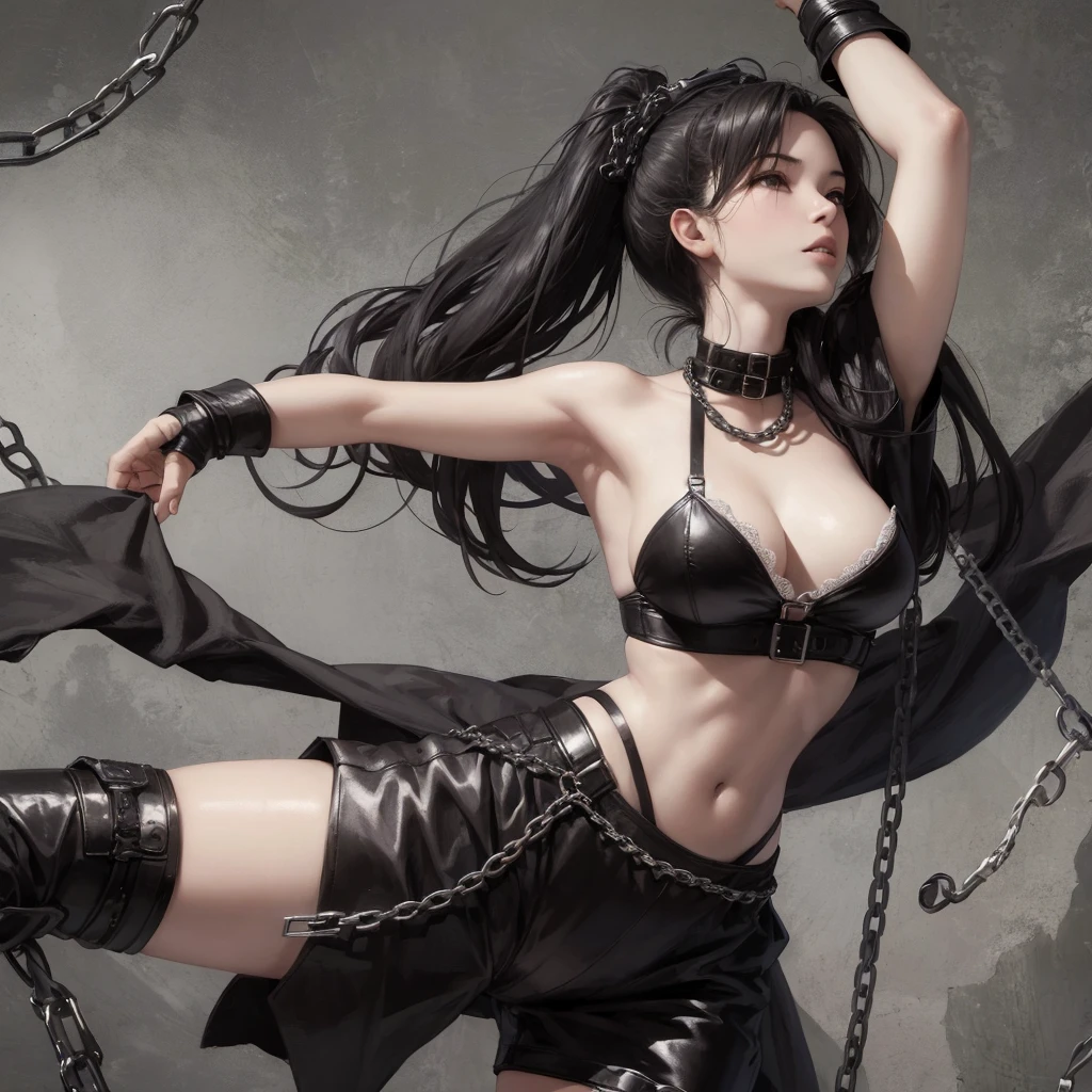 asiagirl,blackstockings,bralette,hands tied behind her back,The body is bound by chains,Climb down,Prison background,The chain is wrapped around the body,torture,leather whip,leather boots,