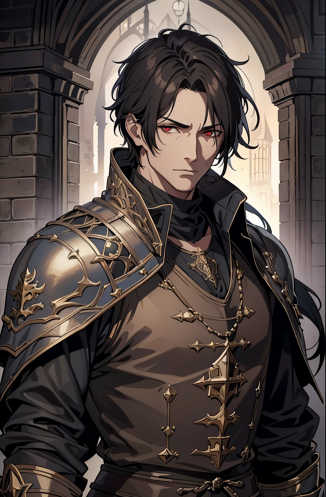 1 male, adult, mature face, beautiful, short tousled black hair, dark red eyes, clear and detailed eyes, handsome, tall, nobility, black clothing, calm, condescending, medieval fantasy, medieval castle background, dark fantasy, (soft coloring, dynamic shading), looking at viewer