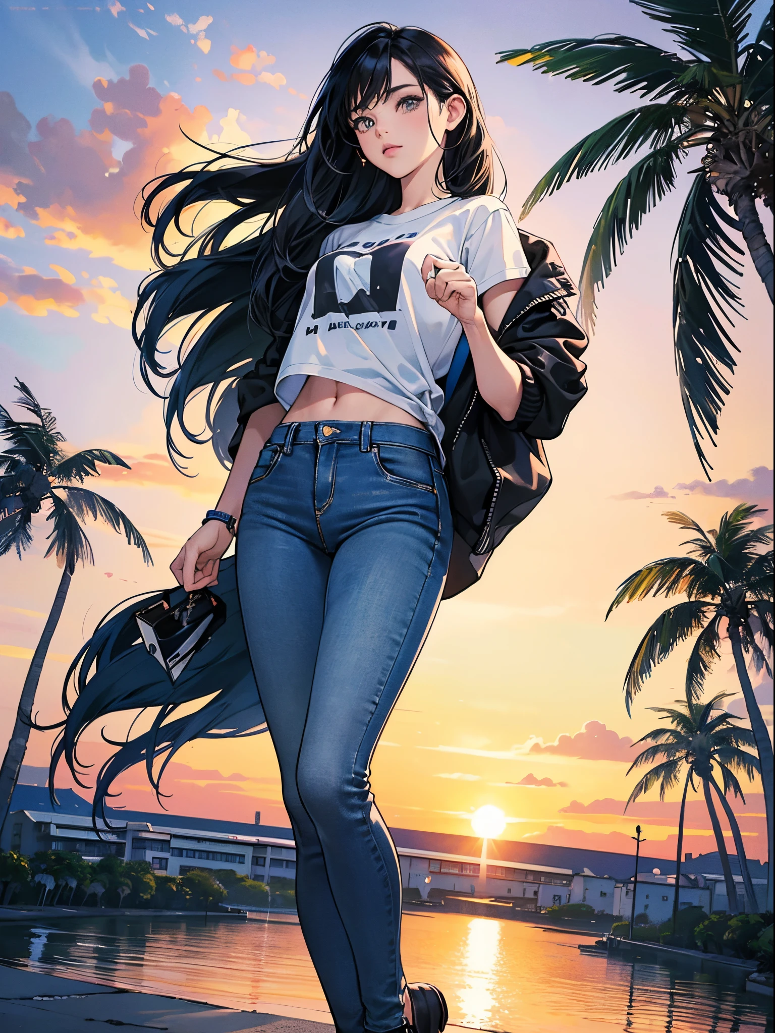 orange and royal blue tones、Vibrant colors、((masterpiece)))、(((top-quality)))、((ultra-detailliert))、(A hyper-realistic)、(highly detailed CGillustration)、Official art、CD cover、urbane、City Pop、Palm trees、Sunset beach、Long Black Hair、It will be、Cool feeling、Mid summer、Stylish、glorious 1980s、Cool Beauty、Coquettish、a gorgeous、matchless beauty、jaket、Stylish T-shirt、Tight jeans、Female Solo、Perfect Angle、perfect-composition