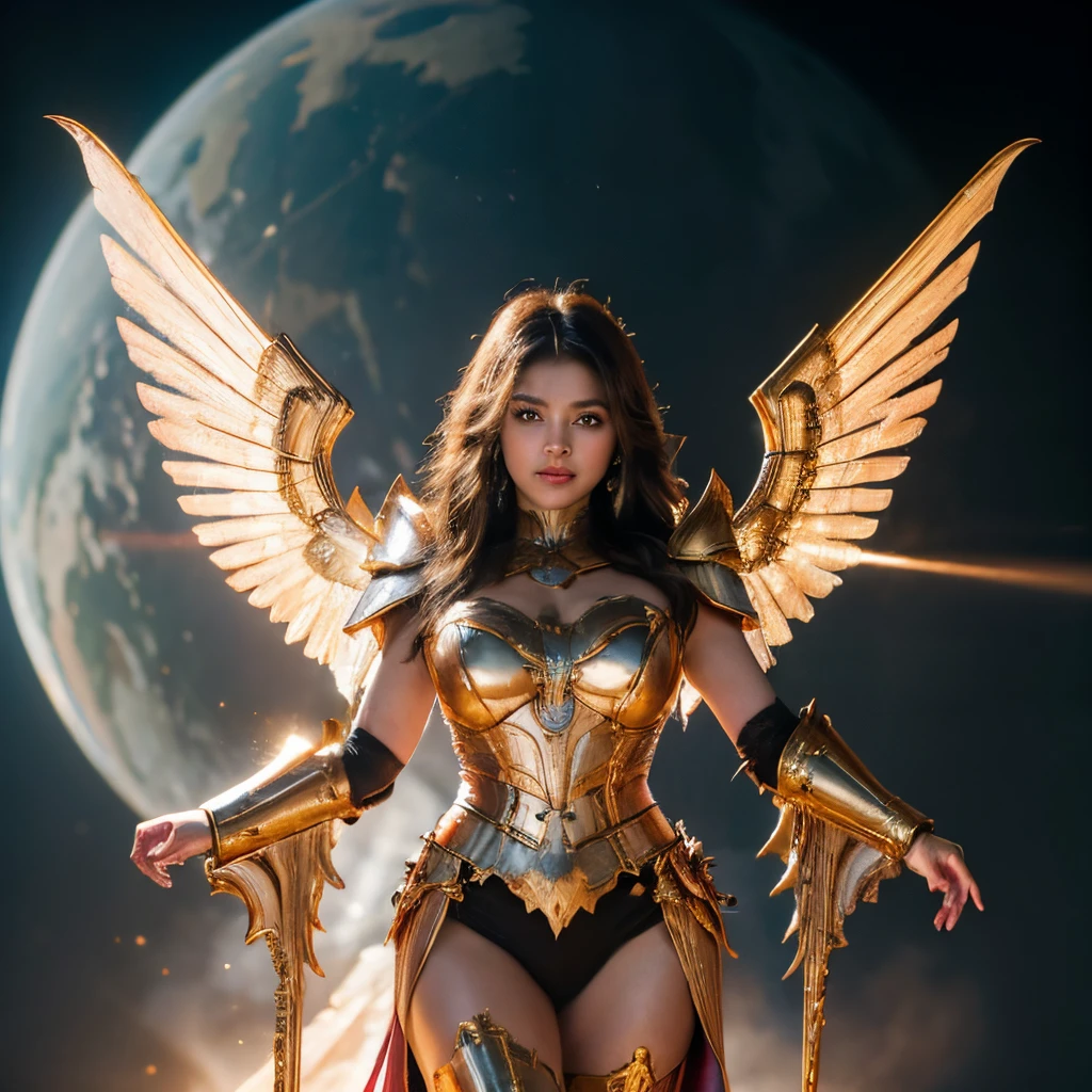 (125-year-old woman of Argentine origin with full body armor from the anime Saint Seiya in gold color with wings), (Mejor calidad), (8k, 32k), (Obra maestra, UHD:1.3), (Foto de glamorosa), (realista), (ultra detallada) (Chica impresionante), (ultrahigh resolution), (fotorrealista: 1.4), (abdominales figura esbelta), (pechos enormes :1.5) (cuerpo perfecto :1.5), (rostro ultra detallado), (labios detallados), (ojos detallados), (二重まぶた), (tetas perfectas), (lighter skin), (cuerpo perfecto), (hermosa), cara hermosa), (Brown hair color), (peinado curis suelto), (movie photo style), (vista), (vista completa de la imagen).