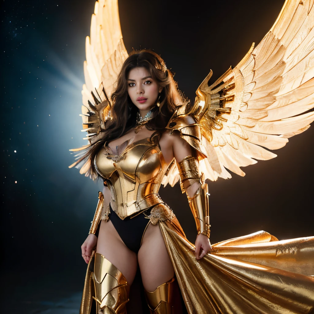 (125-year-old woman of Argentine origin with full body armor from the anime Saint Seiya in gold color with wings), (Mejor calidad), (8k, 32k), (Obra maestra, UHD:1.3), (Foto de glamorosa), (realista), (ultra detallada) (Chica impresionante), (ultrahigh resolution), (fotorrealista: 1.4), (abdominales figura esbelta), (pechos enormes :1.5) (cuerpo perfecto :1.5), (rostro ultra detallado), (labios detallados), (ojos detallados), (二重まぶた), (tetas perfectas), (lighter skin), (cuerpo perfecto), (hermosa), cara hermosa), (Brown hair color), (peinado curis suelto), (movie photo style), (vista), (vista completa de la imagen).