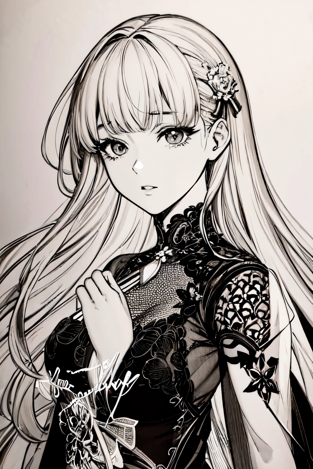 drawing of a woman in a dress with a fan, extremely fine ink lineart, Beautiful line art, line art!!, line sketch!!, Exquisite Line Art, lineart, perfect lineart, Line Art Illustration, Black & White Line Graphics, li in dress, Intricate manga drawing, highly detailed exquisite fanart, thick lineart, Rei Kamoi