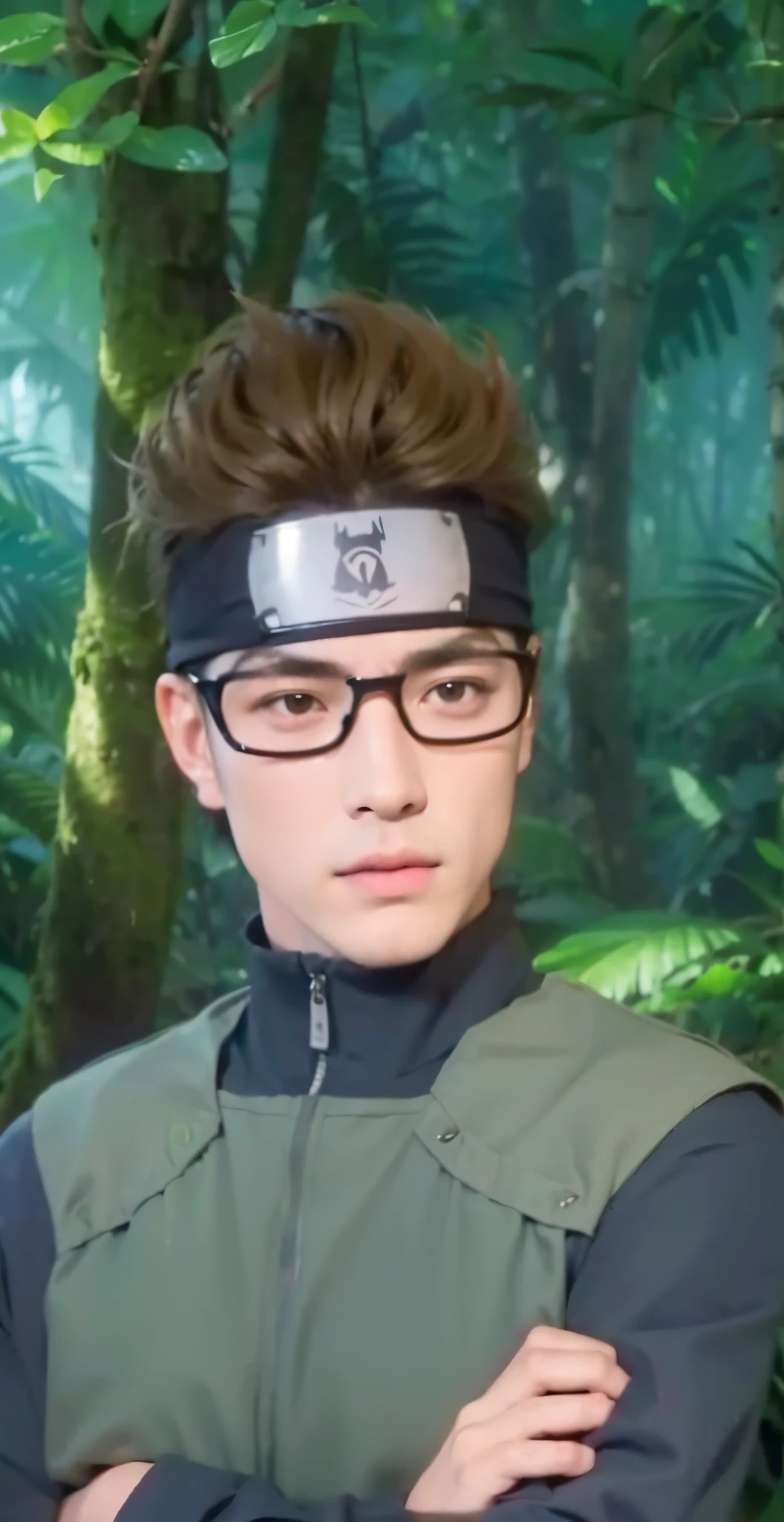 Real life adaption of this character ,handsome man, same hair, realistic same headband,(realistic same outfit),realistic jungle background , realistic light, realistic shadow, realism, hyper realistic,(photorealistic:1.2), normal small eyes