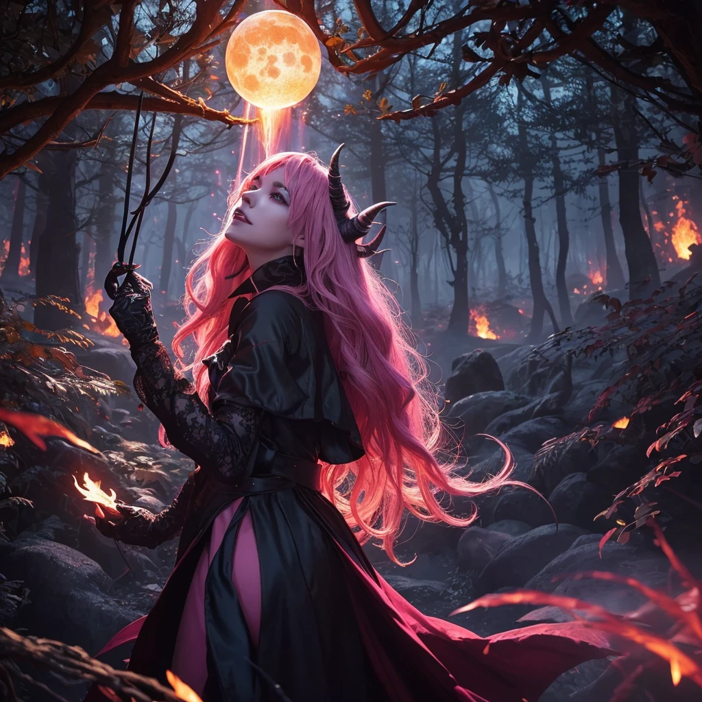 (Devil Woman With Pink Hair,Spells:1.1,blazing:1.1)(Illustration)(Best Quality,Ultra-detailed,Realistic:1.37),Devil Witch(Demonic:1.1)(Magic:1.1)(forest)(dark and mysterious,ominous vibe),Cast powerful spells,Generating magical energy(Magic:1.1),vivid pink hair(Swirling pink hair)(Flowing pink hair),Horns(demonic horns:1.1),piercing red eyes,Enchanted Scepter(Magic Scepter),Elaborate dark cloves,Shining magic seal,Fiery embers swirl(Magic embers:1.1)(Glowing embers),magical aura(glowing aura),Spooky Shadows,Otherworldly beings(presence),sinister smile,Sunset in the background(a dark night:1.1)(moonlit forest),lush, dense foliage(twisted trees)(Mysterious plants:1.1),Mystical particles(Swirling particles)(Floating particles),ethereal glow(Ethereal:1.1)(soft glow),The tree々A faint moonlight penetrating between,Unforgettable and captivating(scary atmosphere),Bewitching beauty,Wide range of colors(Vivid colors)(contrasted colors),Mystical realm,Impressive details,dynamic compositions,Captivating artwork,Photorealistic style(Picasso style),Impressive shading and lighting,explosive energy,Magical atmosphere(Fantasy atmosphere),dreamy scene