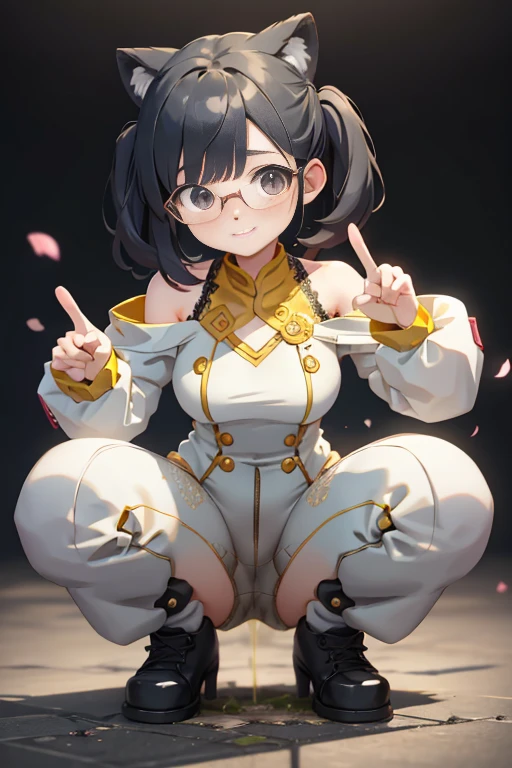 (On the table, Best quality at best),1 girl in, Shoulder-length black hair, Eyes are brown,Black glasses,Bloom is a little embarrassed、Looks pleased,It feels good、A sense of openness、looks like you'Floor plan about the ,with tearful eyes,Eyes are brown,cute big breasts,frontage,Black shoes,hands raised in peace sign,When looking through my little things, Erotic lace white bodysuit,White jumpsuit,Less crotch、Female genitalia are fully visible, Underwear that is too thin can dig into genitals that are too small,The tree,see through lingerie,城市 ,Back alley, hoang lap, A high resolution, Super sharp, 8K, elementary school girl,独奏、kiddy big breasts、Vaginal thrust by、transparent pink open ,toddlers、small stature,kiddy big breasts,barechested,opening the genitals, Kindly、 Another close-up,squatting pose,M-shaped legs,during masturbation,looking at viewert,urination of female genitalia,Urinate a lot,I peed,show off your pee,need: Squat down and spread your legs as wide as possible,show off one's face,Detailed clean cracks
