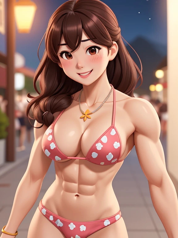 attractive korean woman, ripped muscle, muscular body, small breast, pale skin, smile(blush), flower pattern bikini, thin necklace, sixpack abs, [ultra detailed skin:1.2], brown hair, wavy hair, 8k uhd, pussy, full body, crowd, public, night, standing,