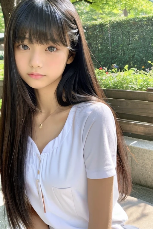 An ultra-high picture quality、Perfect Photo、13-year-old beautiful girl、Japan beautiful girl、Junior high school girls、light skinned、slender、Black Haired Beautiful Girl、cute little、Beautuful Women、（tiny chest）、((Nokezoru))、With bangs、sports hair、Straight hair、glares、semi long hair、(Teary-eyed)、Bedrooms