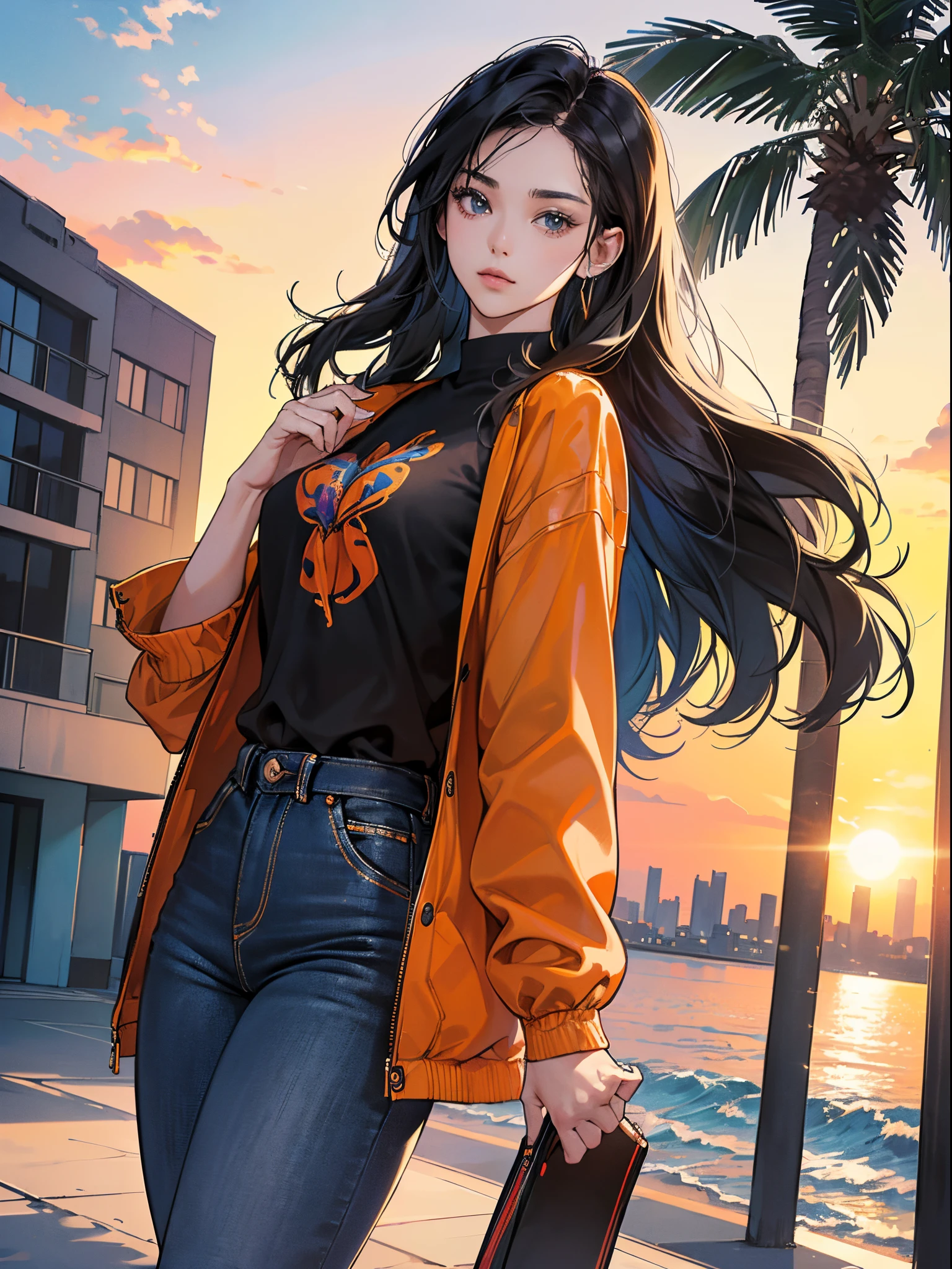orange and royal blue tones、Vibrant colors、((masterpiece)))、(((top-quality)))、((ultra-detailliert))、(A hyper-realistic)、(highly detailed CGillustration)、Official art、CD cover、urbane、City Pop、Palm trees、Sunset beach、Long Black Hair、It will be、Cool feeling、Mid summer、Stylish、glorious 1980s、Cool Beauty、Coquettish、a gorgeous、matchless beauty、Orange jacket、Black shirt、Tight jeans、Female Solo、Perfect Angle、perfect-composition