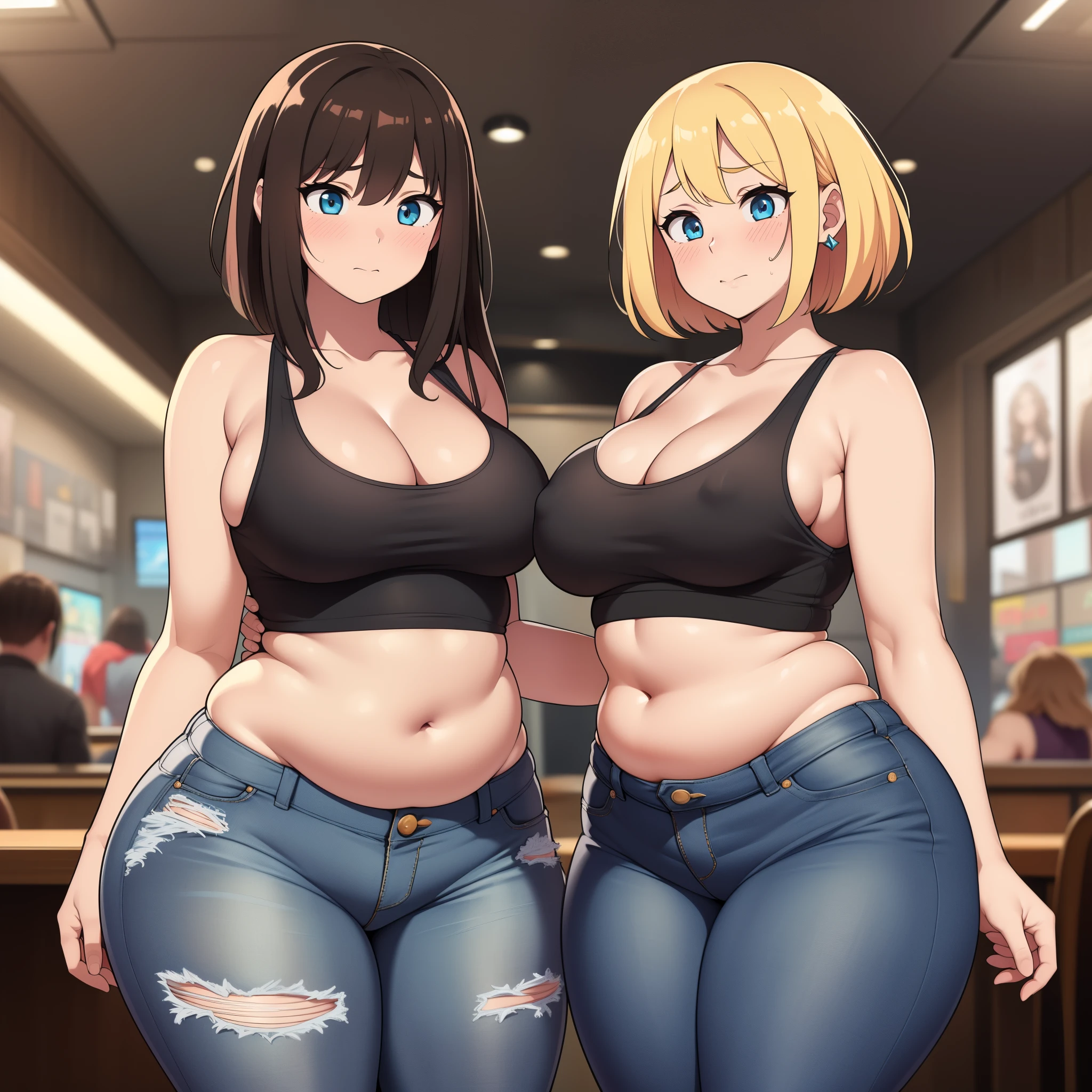 ((high res)), (Masterpiece), perfect anatomy, perfect shading, field of depth, (best quality), extremely delicate and beautiful, perfect lighting, detailed face, ultra cute face, cute, (cowboy shot 1.2), full body, (((2girls))), ((2 girls 1 and 2))

Girl 1: has long hair, fluffy hair, blonde hair, blue eyes, ((blush)), embarrassed (crop top 1.2), (jean shorts 1.2), extremely tight clothes, medium breasts, cleavage, perky breasts, ((wide hips)), (thick thighs), (chubby), pudgy belly, fat rolls, belly hang,

Girl 2: has short hair, fluffy hair, brown hair, green eyes, ((blush)), embarrassed, (white tank top 1.2), (jeans 1.2), extremely tight clothes, medium breasts, cleavage, perky breasts, (((wide hips))), ((thick thighs)), (plump), chubby belly, fat rolls, belly hang, she has a jiggly belly,

Fast food restaurant, intricate background, detailed background, girls are standing next to each other,