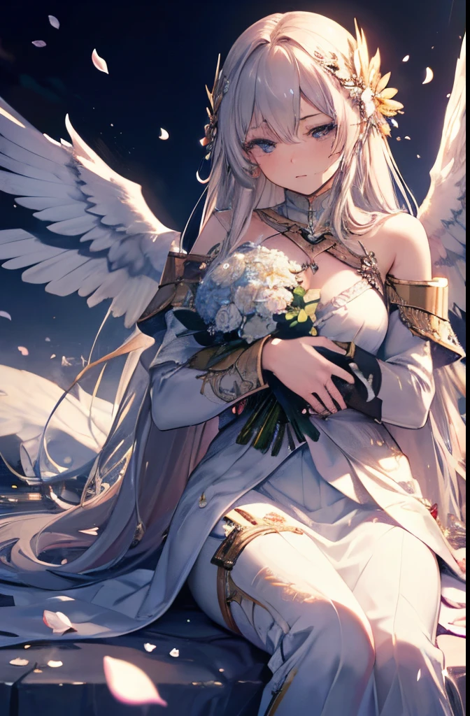 super fine illustration, absurdres, highres, texture, absolutely resolution, wide angles, full length, A (Amazingly beautiful Valkyrie) Sleeping male soldier in modern war gear cradled in arms, Fly to Valhalla, After (Glorious Combat, epicd), unbelievable, awe, Beautiful, Highly detailed, Well drawn facial features, Highest Quality, divine, Prism-like color, dynamic compositions, Delicate, Cinematic lighting, exalted, Impressive scene, Sharp and clear images, A hyper-realistic, (flower petals in the air), intricate details, extremely details, beautiful background