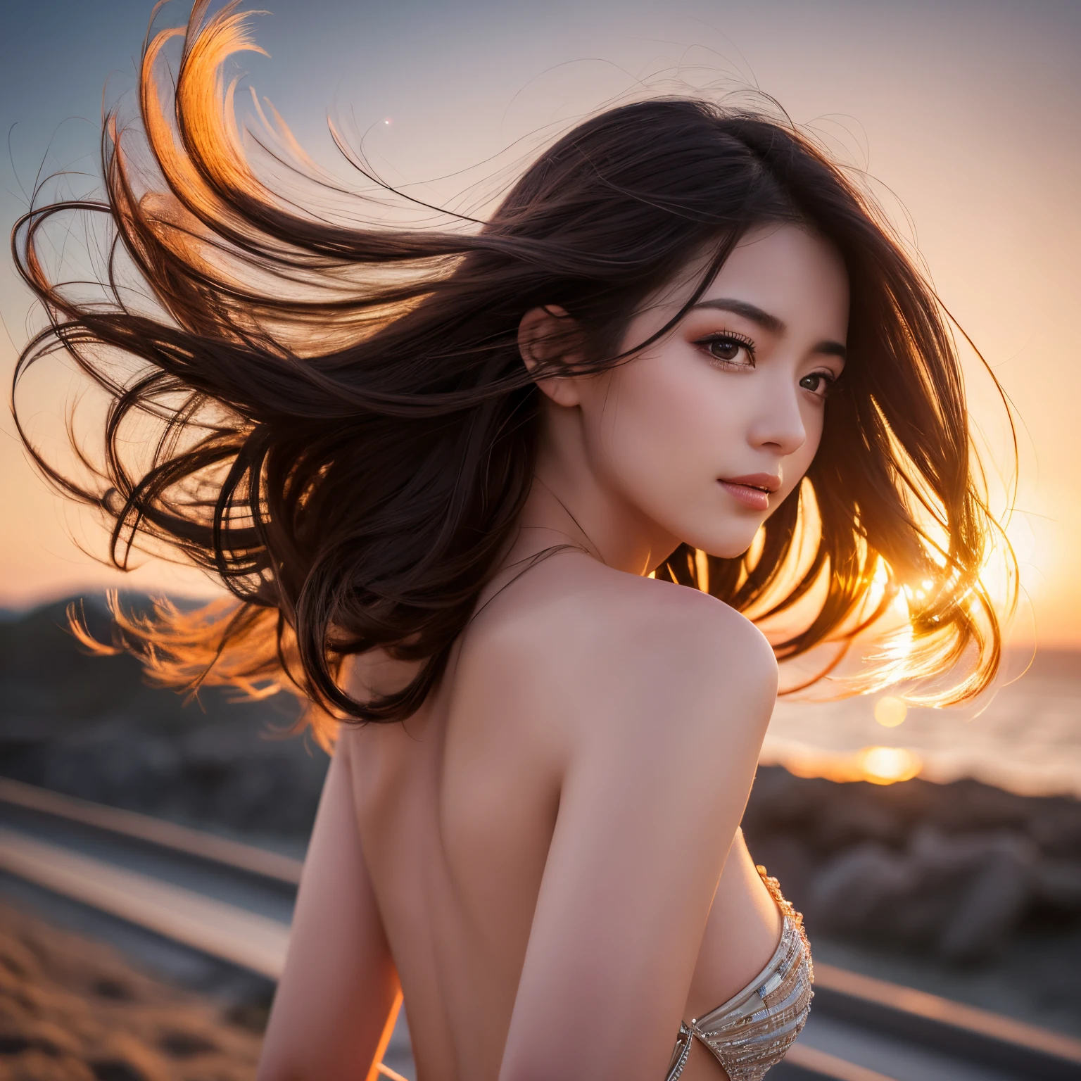 super high quality, 8k, RAW photo, realistic, beautiful woman's beautiful back, sparkling hair blowing in the wind, large breasts visible from the side, sharp eyes, and an artistic and fantastical beautiful background, professional flare lighting
