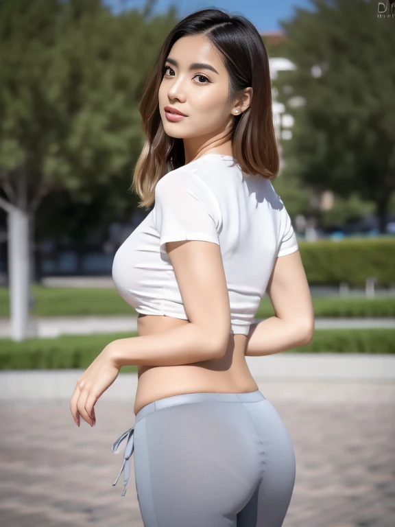 NSFW, 8k RAW photo, Best Quality, masutepiece, 超A high resolution, Film grain, filmg, 1girl in, Looking at Viewer, Natural Skin Texture, realistic eyes and face details, Full lips, lip stick, (makeup), Red eyeshadow, pony tail hair, hair messy, Smile, closes mouth, skinny, Thick_Thigh, Solo, huge-breasted, cleavage, Pose with your buttocks facing the camera, Flowing wide pants,Long satin pants, Emphasized buttocks, Shirt, beautiful nature location, Around the place of flowers, (Detailed background), Satin skirt, White shirt, huge-breasted, cleavage, Show a little cleavage through the shirt, lowfers, Blurry background, Blurry, Holding, Plaid, Short sleeves, JK ribbon on neck, JK Ribbon, Brown hair, 手链, Water, Bangs, Jewelry, greys, Parted lips, Lips, From Side, pencil skirts, depth of fields,Long flowing grey satin pants, Flowing pants, ((wide hips, thick thight, Protruding buttocks)), Stunning hourglass figure, satin, Emphasized buttocks