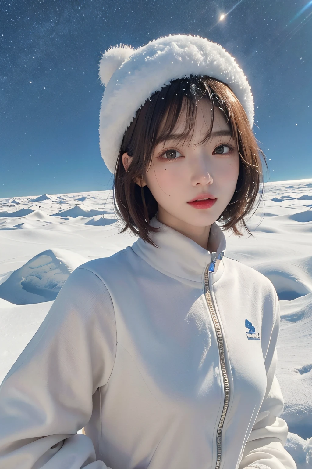 top-quality、masterpiece、超A high resolution、(realisitic:1.4)、Beautuful Women1、Beautiful detail eyes and skin、ssmile、Light brown short-cut hair、The perfect spacesuit、spaceships、cosmic space、iced&Snow Planet、cloudy ash sky、It's snowing、snow blowing、Santa Hat、