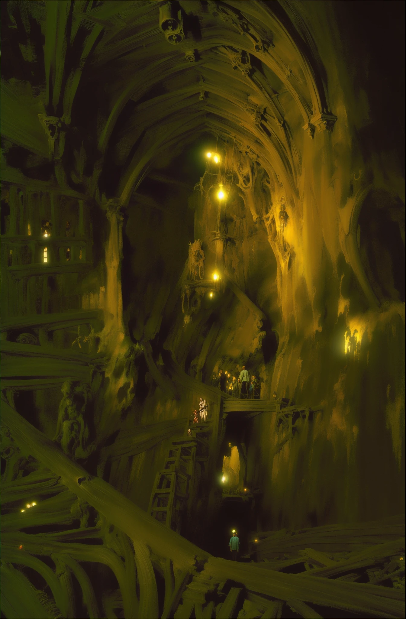 there are people walking in a cave with a waterfall, marc simonetti. intricate, medieval fantasy landscape, andreas rocha and john howe, gothic epic library concept, matte painting in fantasy style, high fantasy matte painting, concept art stunning atmosphere, detailed matte fantasy painting, style of marc simonetti, epic dreamlike fantasy landscape, matte fantasy painting