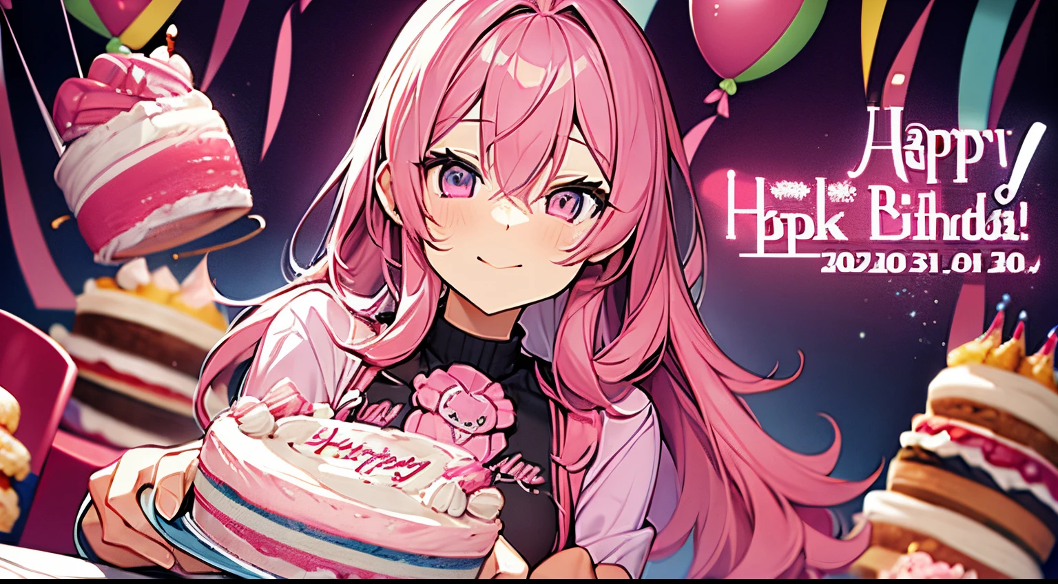 woman, pink hair, pink eyes, cute face, birthday cake, full body