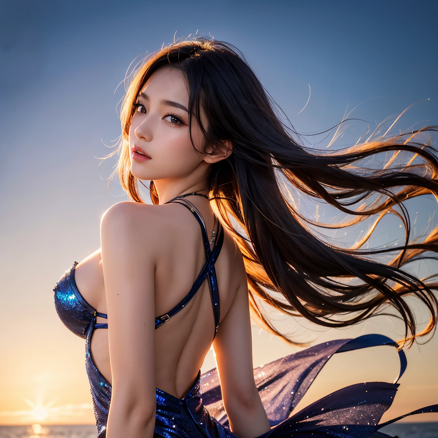 super high quality, 8k, RAW photo, realistic, beautiful woman's beautiful back, sparkling hair blowing in the wind, large breasts visible from the side, sharp eyes, and an artistic and fantastical beautiful background, professional flare lighting