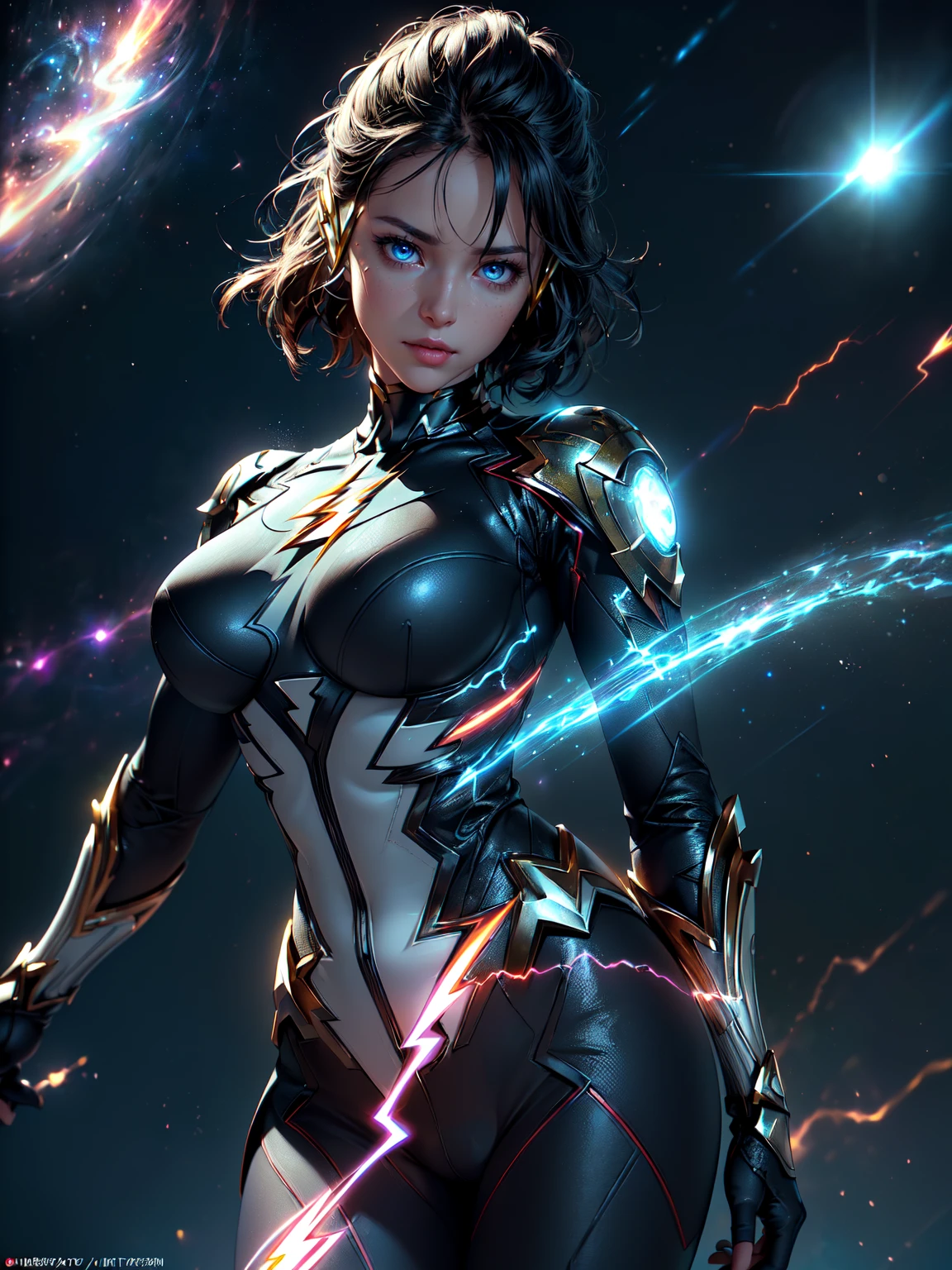 ((masterpiece)),(best quality), ((mature 1woman)), ((intricate tight clothes, perfect body)), ((cinematic)), dynamic:1.2, particles:1.2, (pastel:1.2), (intricate cinematic background:1.2), (depth of field), (action movie), amazing, ((dramatic scene from movie)), powerful, realistic light, (((Gaussian blur:1.2))), (ultra realistic:1.3), ((bloom effect:1.2, soft lighting)), The birth of Creation, ((energetic and colorful streams of light in an epic galactic sky on background)), with professional color grading, soft shadows, no contrast, clean sharp focus, nebula, UHD, HDR, 16K, knight, armor, ((blue glowing lightnings)), (the flash inspired:1.5), (ultra glowing eyes with lightnings:1.3), (goddess of speed), (epic look), detailed face, perfect hands, (((intricate detailed clothes))), (3d artstyle:1.2), ((sporty body)), ((closeup:1.2), stern look, beautiful face