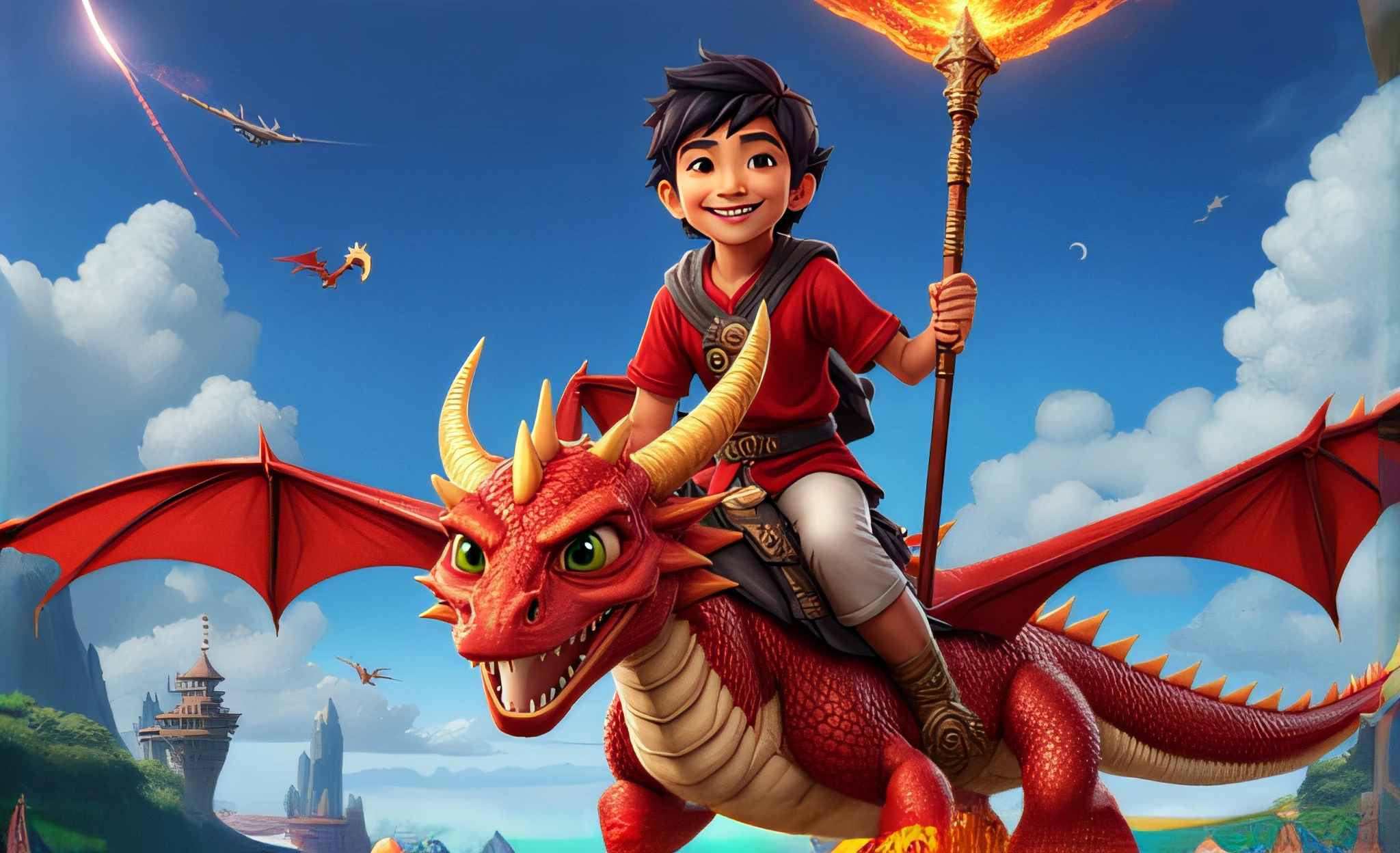 arafed image of a boy riding a dragon with a torch, dragon rider, riding a dragon, dra the dragon, key art, ‘raya and the last dragon’ etc, official art, promotional art, epic dragon, big red dragon flying above them, epic full color illustration, 3 d animated movie, animated film, mobile game art, 3 d epic illustrations