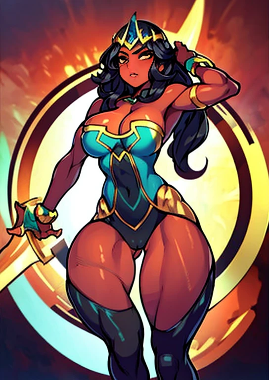 (masterpiece),( best quality), 1girl, long black hair, tanned bronze skin, bright hazel eyes, hyper-detailed, perfect body, detailed eyes, beautiful girl, superhero, leotard, war_glam armor, embroidery, tiara, bare legs, gloves, boots, ripped muscles, athletic physique, Looking at viewer,