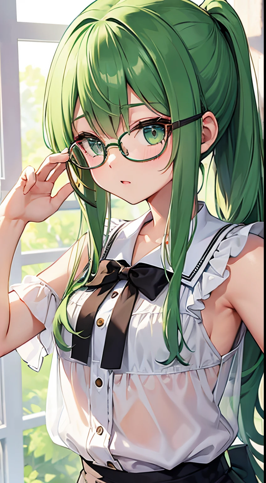 1girl, green hair, glasses, summer outfit, red eyes, house room, accurate fingers, (masterpiece), best quality, expressive eyes, perfect face, armpits