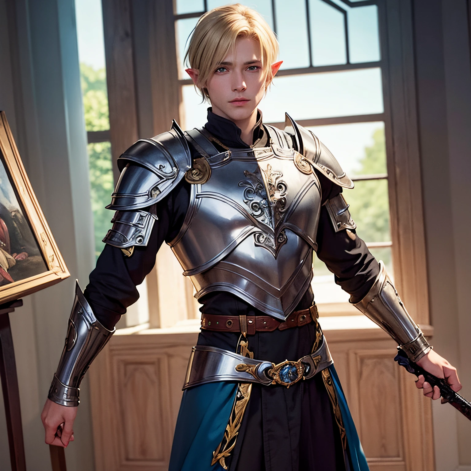 A dnd character who is a handsome with short blond hair blue eyed half elf young man he is a noble and taking a portrait he wears armor and has a sword at his wast staring at the painter like a portrait I am the painer