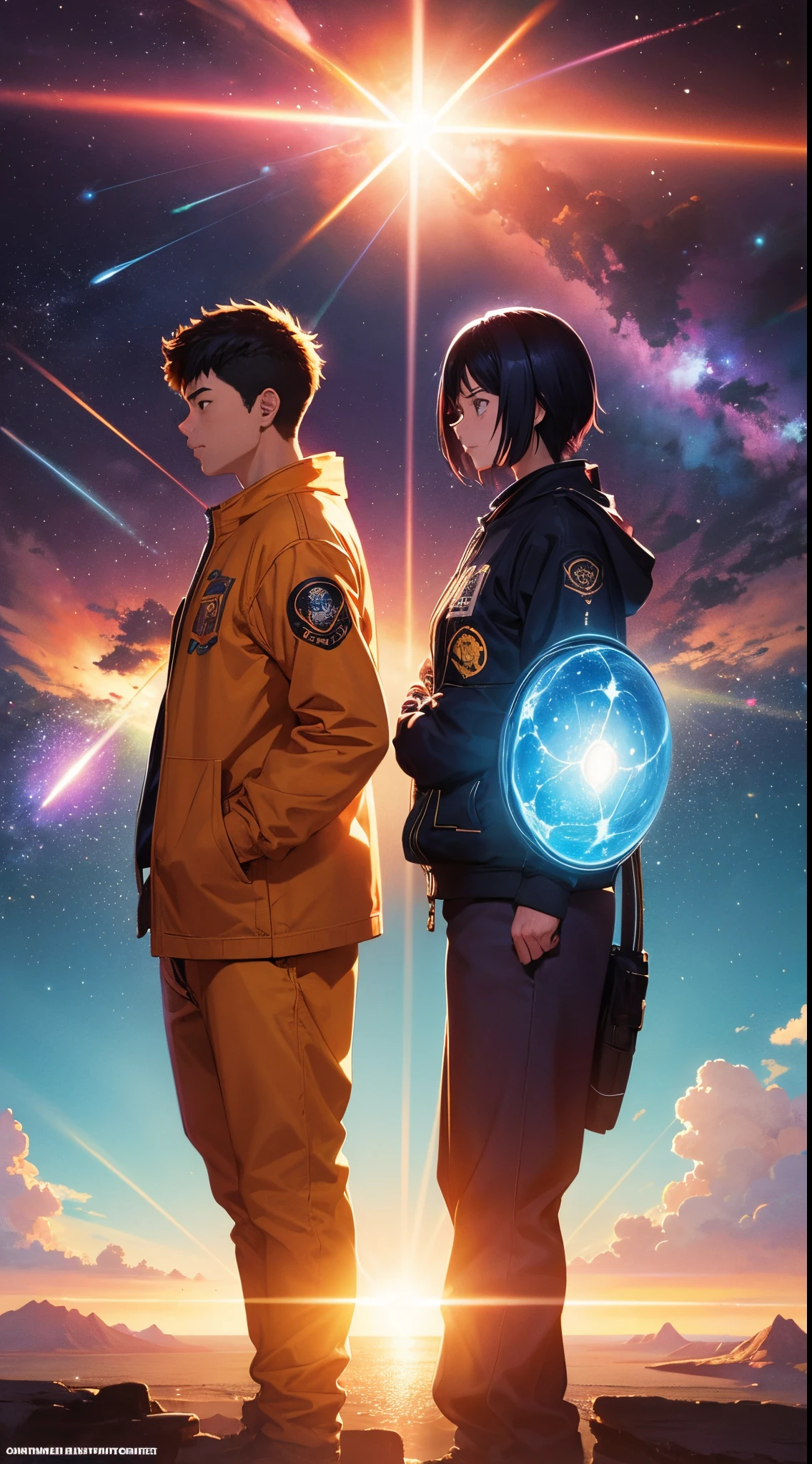 Two sunny teenagers, Cosmic Energy by Dan Mumford, Murata Yusuke, Shinkai sincerely, ross tran, cosmic, Complicated details, Cinematic, 8K, cartoon shading, unreal-engine,in a panoramic view,Faraway view,Warm.