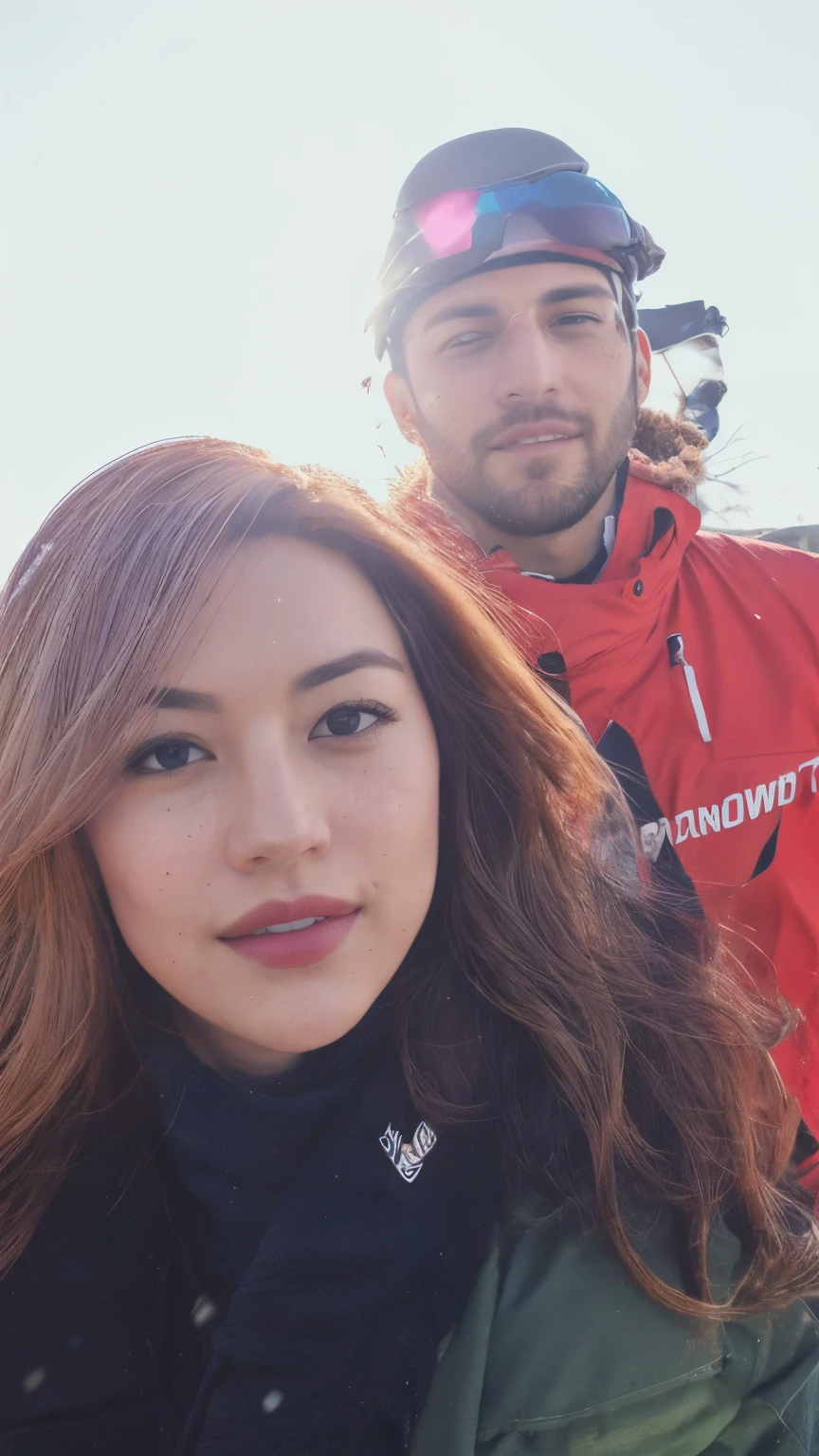 there is a man and a woman that are standing together, 8k selfie photograph, profile pic, profile picture, headshot profile picture, profile image, taken on go pro hero8, taken in the early 2020s, selfie, only snow in the background, snapchat photo, lovingly looking at camera, with the sun shining on it, captured on iphone