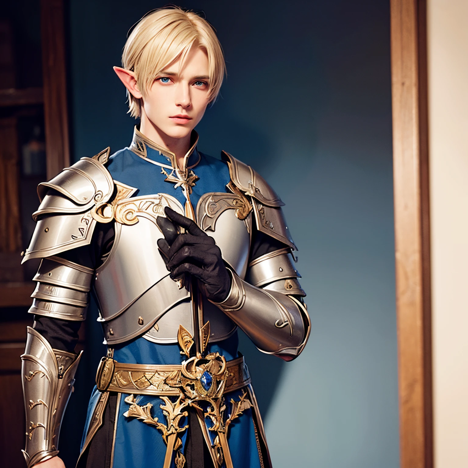 A dnd character who is a handsome with short blond hair blue eyed half elf young man he is a noble and taking a portrait he wears armor and has a sword at his wast staring at me paladin male