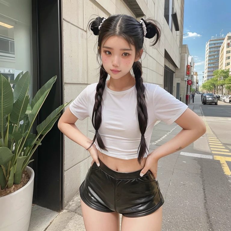 Hannah Kae, 19 years old, stands at a height of 164cm, combination of captivating cuteness and striking beauty, Asian Instagram model, her signature look often includes sporting pigtails, a touch of playful innocence to her overall allure, now she is wearing thight leather shorts for a instagram photo shoot
