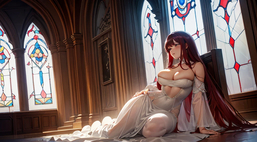 (red long hair),(small figure),(inside a church),(golden irises),(sunlight slanting in),(sunlight pouring in through stained glass windows),(devotion),(exquisite details),(young girl),(white evening gown),(emphasis on background),(subdued presence),(kneeling on the floor)