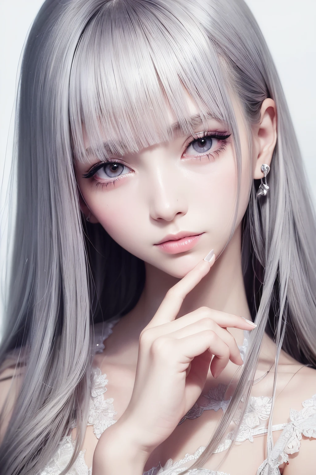 Watercolor art, Accurate and delicate line drawing, femele, monochromes, Beautiful and delicate, art by, The 8k quality, masutepiece, Fantastical, up of face, Beautiful skins, long lashes, Double eyelids, big eye, hightquality, Detailed eyes, tthin eyebrows, Put your hands on your face,