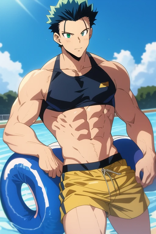 Mirio Togata, 80s tv anime image, handsome muscular shirtless swimmer guy, perfect body, full body, dark emerald and gold, ((best quality)), ((masterpiece)), (detailed), perfect face