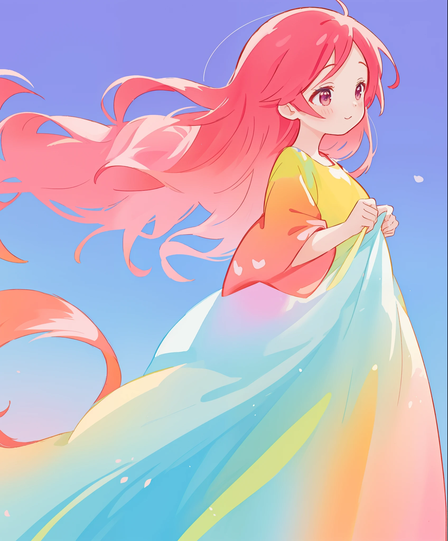beautiful girl in colorful gradient flowing dress, (((gradient flowing simple dress))), long flowing red pink hair, colorful fantasia background, watercolor illustration, disney art style, beautiful digital illustration, beautiful, masterpiece, best quality, anime disney style, beautiful face