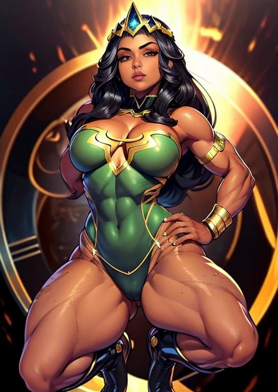 (masterpiece),( best quality), 1girl, long black hair, tanned bronze skin, bright hazel eyes, hyper-detailed, perfect body, detailed eyes, beautiful girl, superhero, leotard, war_glam armor, embroidery, tiara, bare legs, gloves, boots, ripped muscles, athletic physique, Looking at viewer,