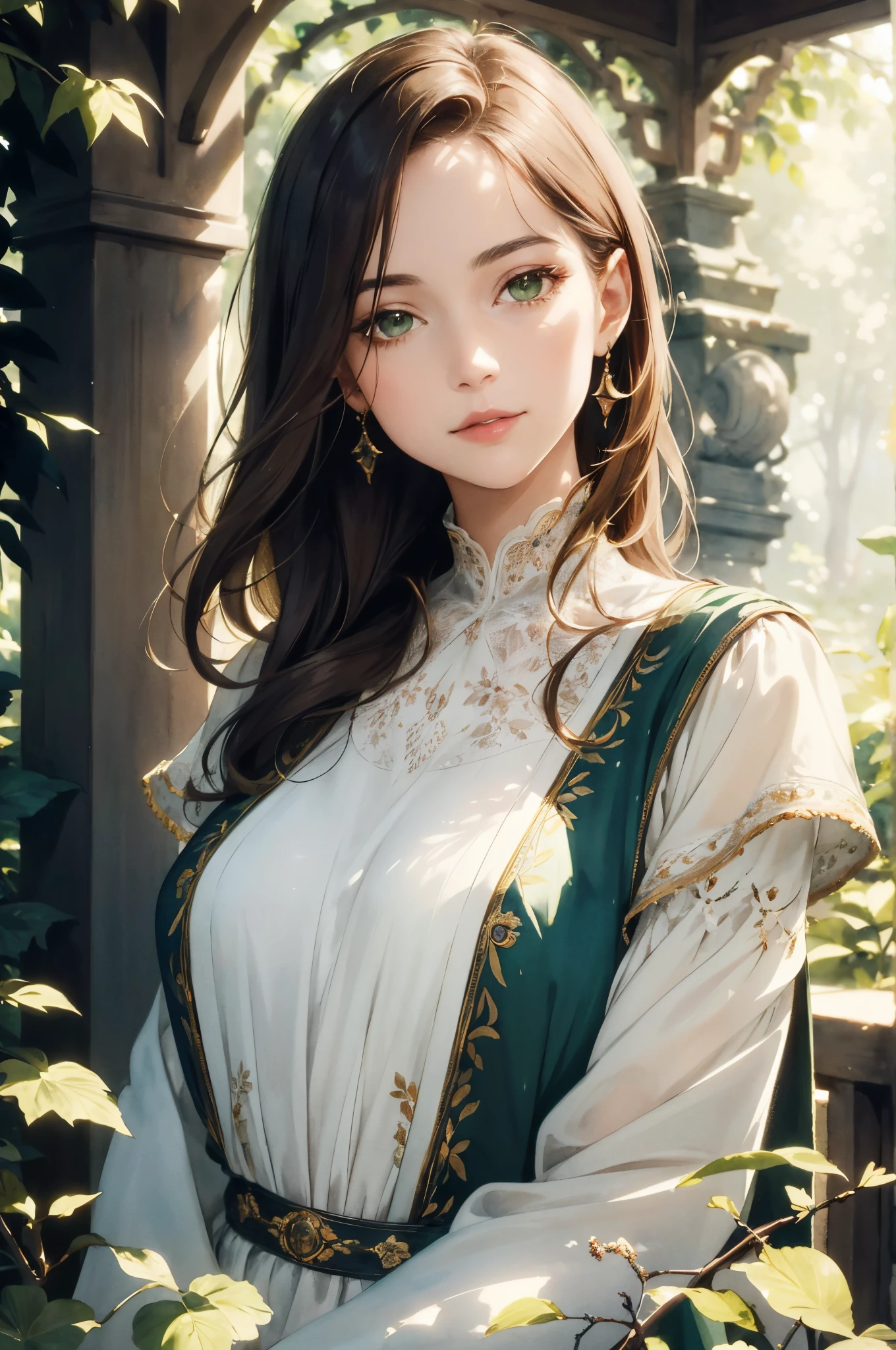 best quality,ultra-detailed,realistic,portrait,beautiful detailed eyes,beautiful detailed lips,bright green eyes,extremely detailed eyes and face,long eyelashes,soft and gentle smile,Latin features,Scoop Blouse Dress flowing in the wind,graceful and elegant pose,facing directly at the camera,shining under natural light,light brown hair cascading down her shoulders,subtle highlights reflecting her healthy hair,((Watercolor by singer Sargent)),vibrant and vivid colors blending seamlessly,subtle use of warm and cool tones,soft edges and delicate brushstrokes,ethereal and dreamlike atmosphere,subtle play of light and shadow around the face,subtle hints of background scenery,green foliage and flowers,creating a sense of serenity and tranquility,bringing out the natural beauty and grace of the Latvian woman.